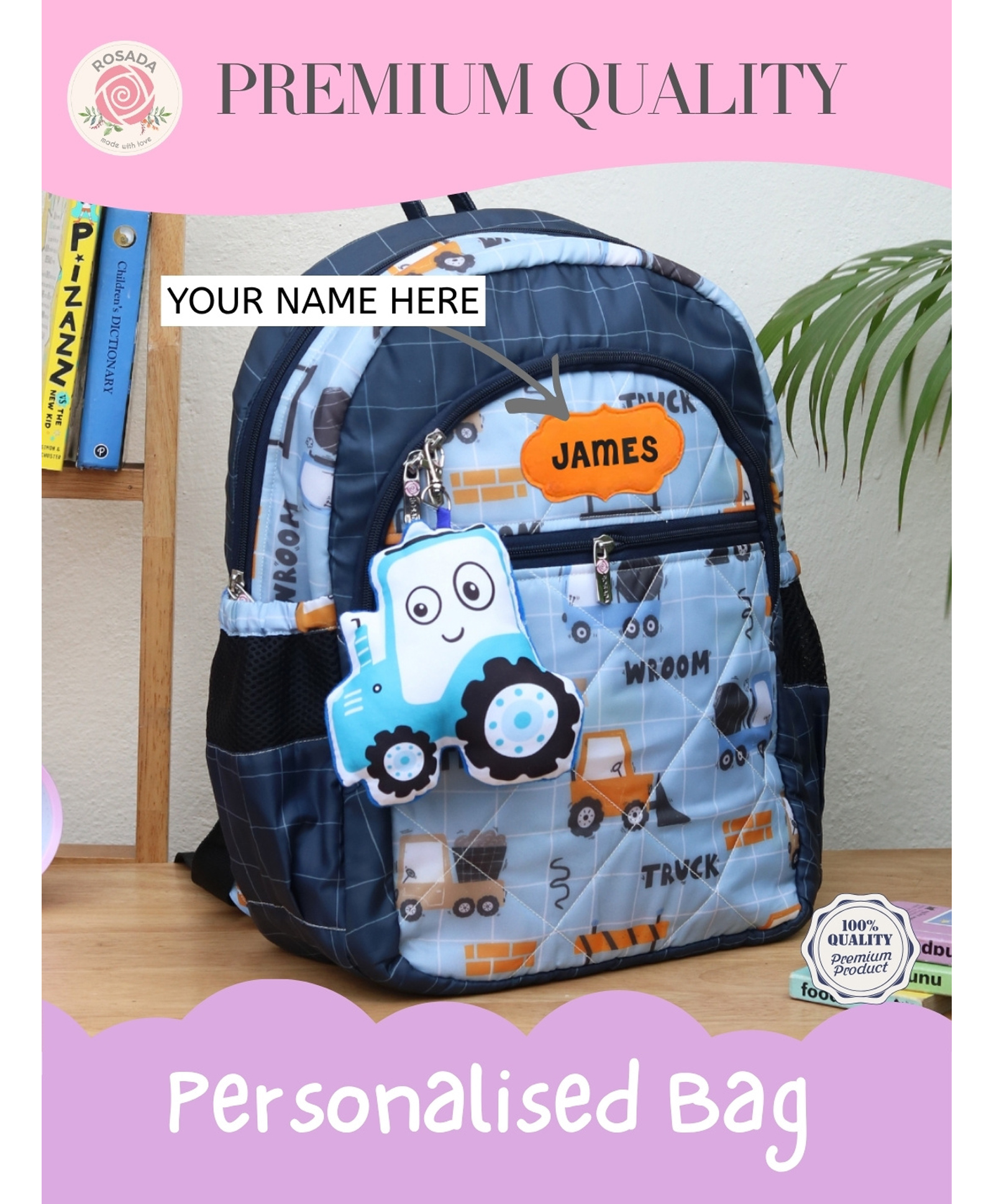 Rosada Blue Truck Light Weight Durable School Bag with Comfortable Cushion Padding | Waterproof Trendy and Spacious Kids Backpack | Unisex Stylish Bag for Kids Boys and GirlsMedium (14 Inches)-image-22