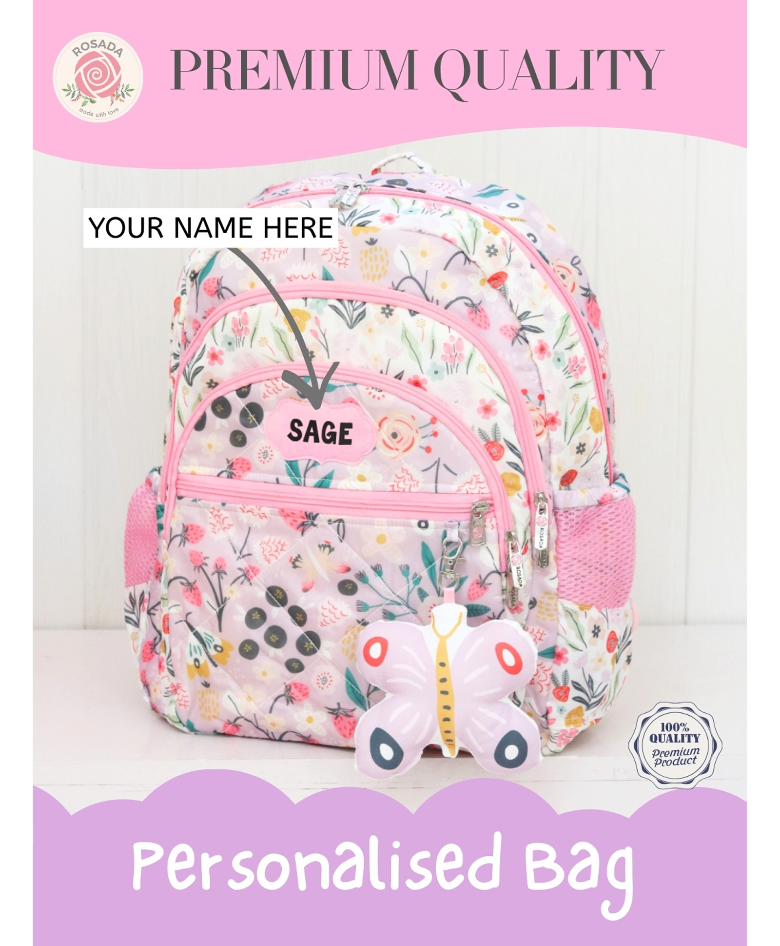 Rosada Lilac Garden Light Weight Durable School Bag with Comfortable Cushion Padding | Waterproof Trendy and Spacious Kids Backpack | Unisex Stylish Bag for Kids Boys and GirlsMedium (14 Inches)-image-8