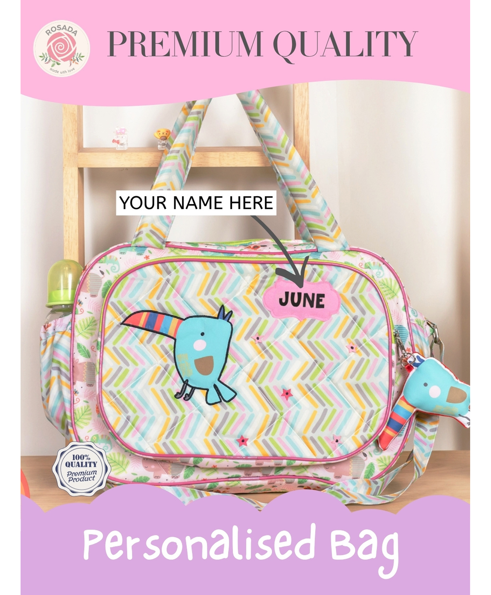 Rosada Pink Hippo Trendy Mini Sling Diaper Bag for Baby Mom | Outing Travel Lightweight Waterproof Washable Spacious Zip Compartments and Shoulder Sling with Hanging Soft ToyMini-picture-27