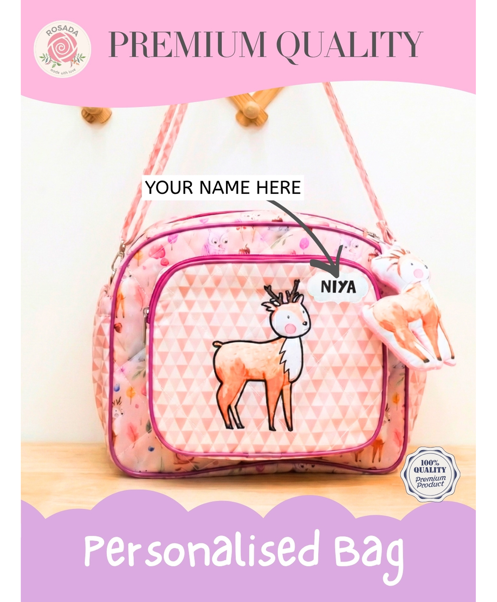Rosada Forest Deer Trendy Mini Sling Diaper Bag for Baby Mom | Outing Travel Lightweight Waterproof Washable Spacious Zip Compartments and Shoulder Sling with Hanging Soft ToyMini-image-44
