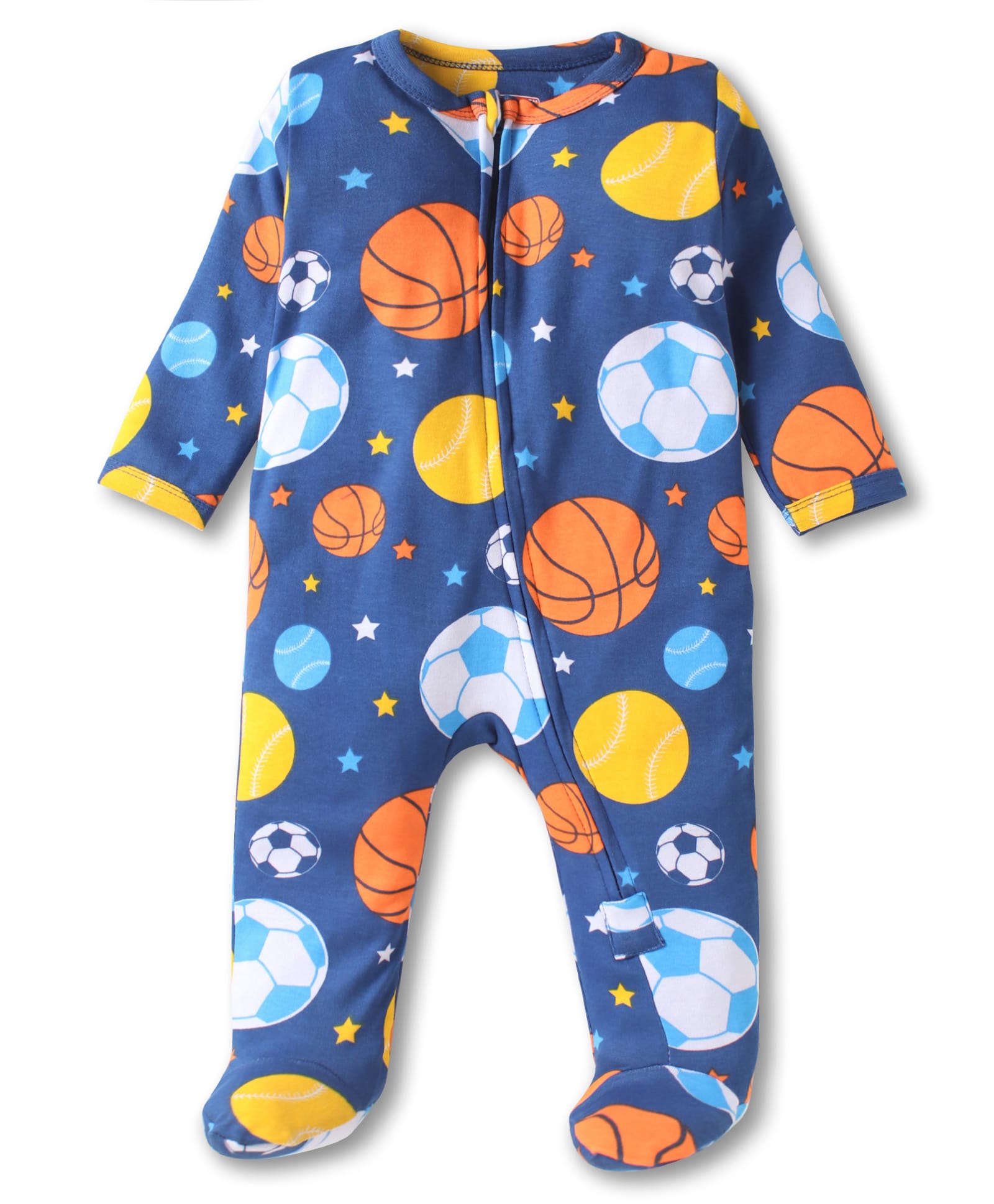 Babyhug Cotton Knit Full Sleeves Footed Sleepsuit with Basket Ball & Star Print - Navy Blue-image-37