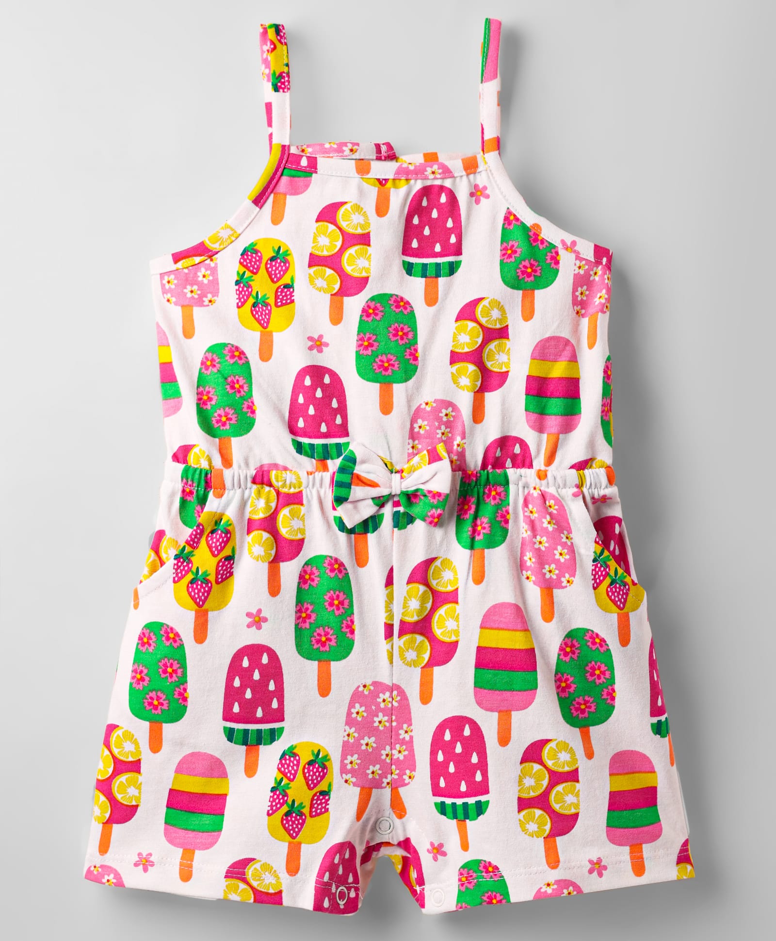 Babyhug Cotton Knit Sleeveless Jumpsuit With Ice Cream Print - White