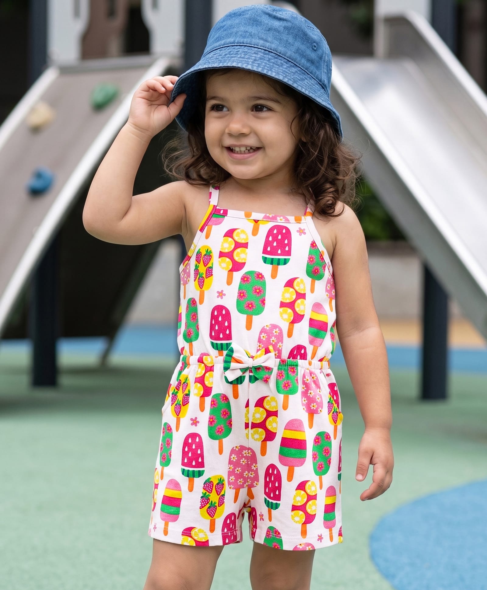 Babyhug Cotton Knit Sleeveless Jumpsuit With Ice Cream Print - White-image-32