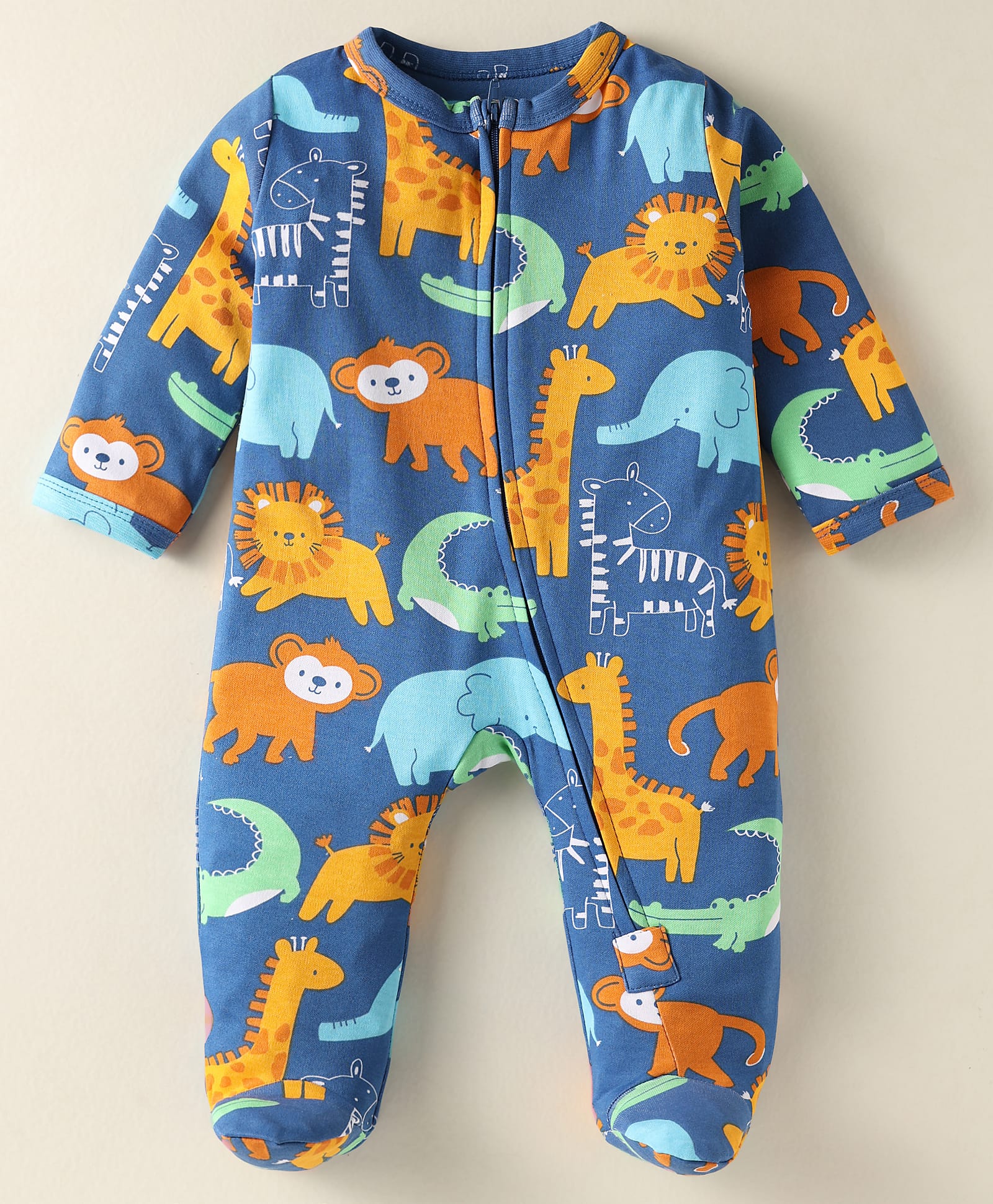 Babyhug Cotton Knit Full Sleeves Footed Sleep Suit with Animal Print - Navy Blue-image-38