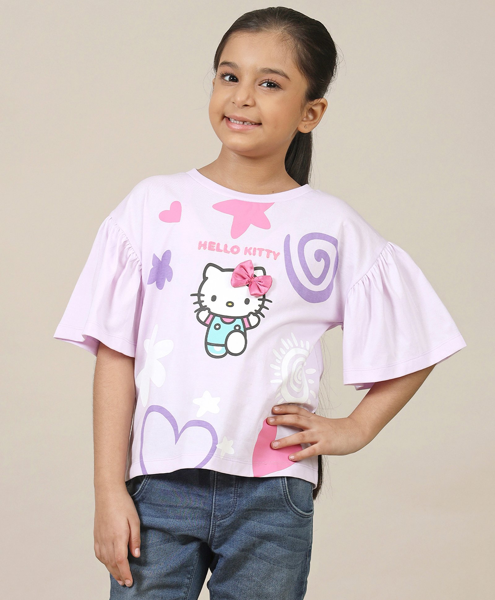 Kidsville Cotton Hello Kitty Featuring Half Bell Sleeves Kitty White Printed Tee - Purple-image-18