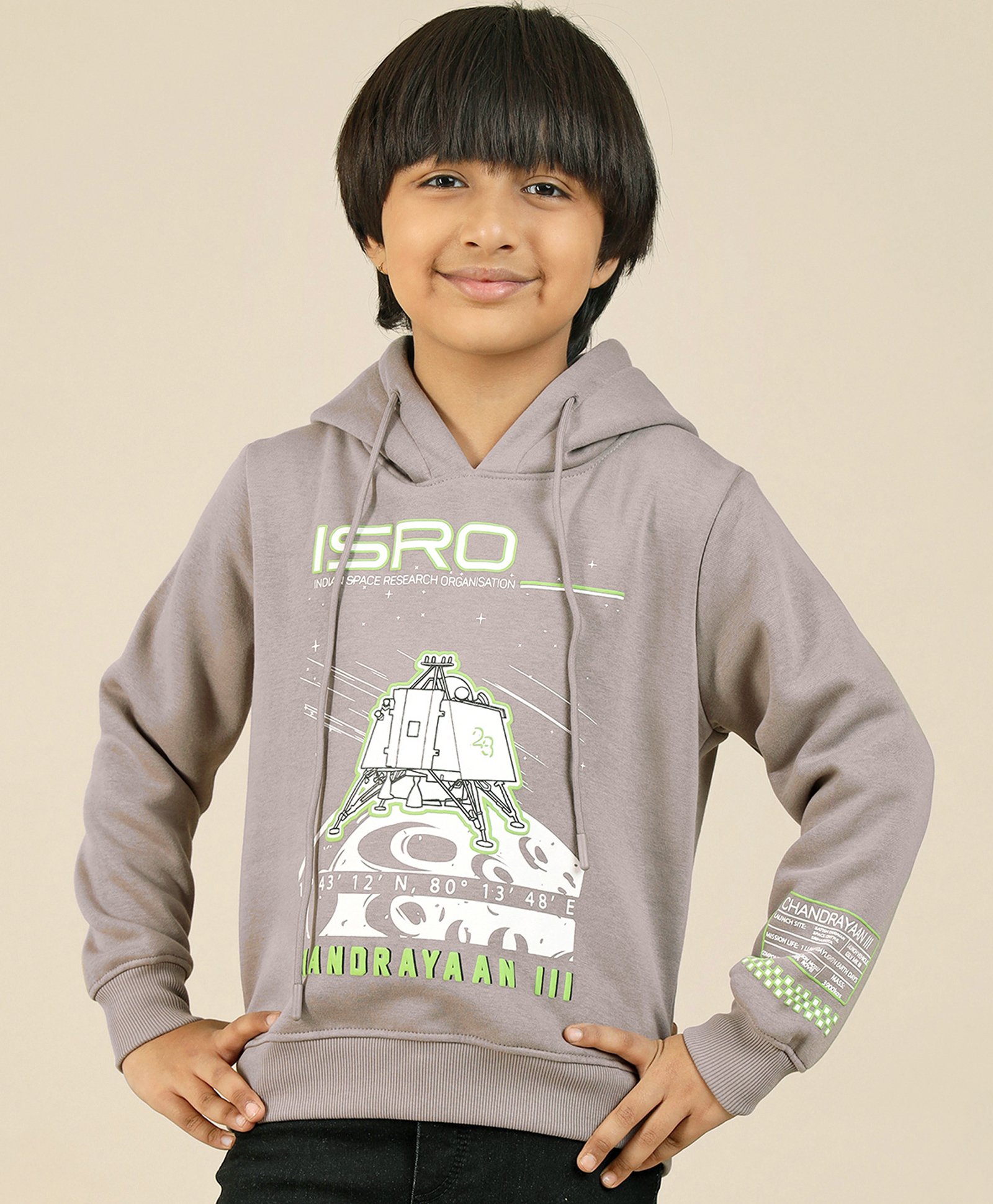 Kidsville Full Sleeves ISRO Space Theme Printed Hooded Sweatshirt - Grey-picture-25