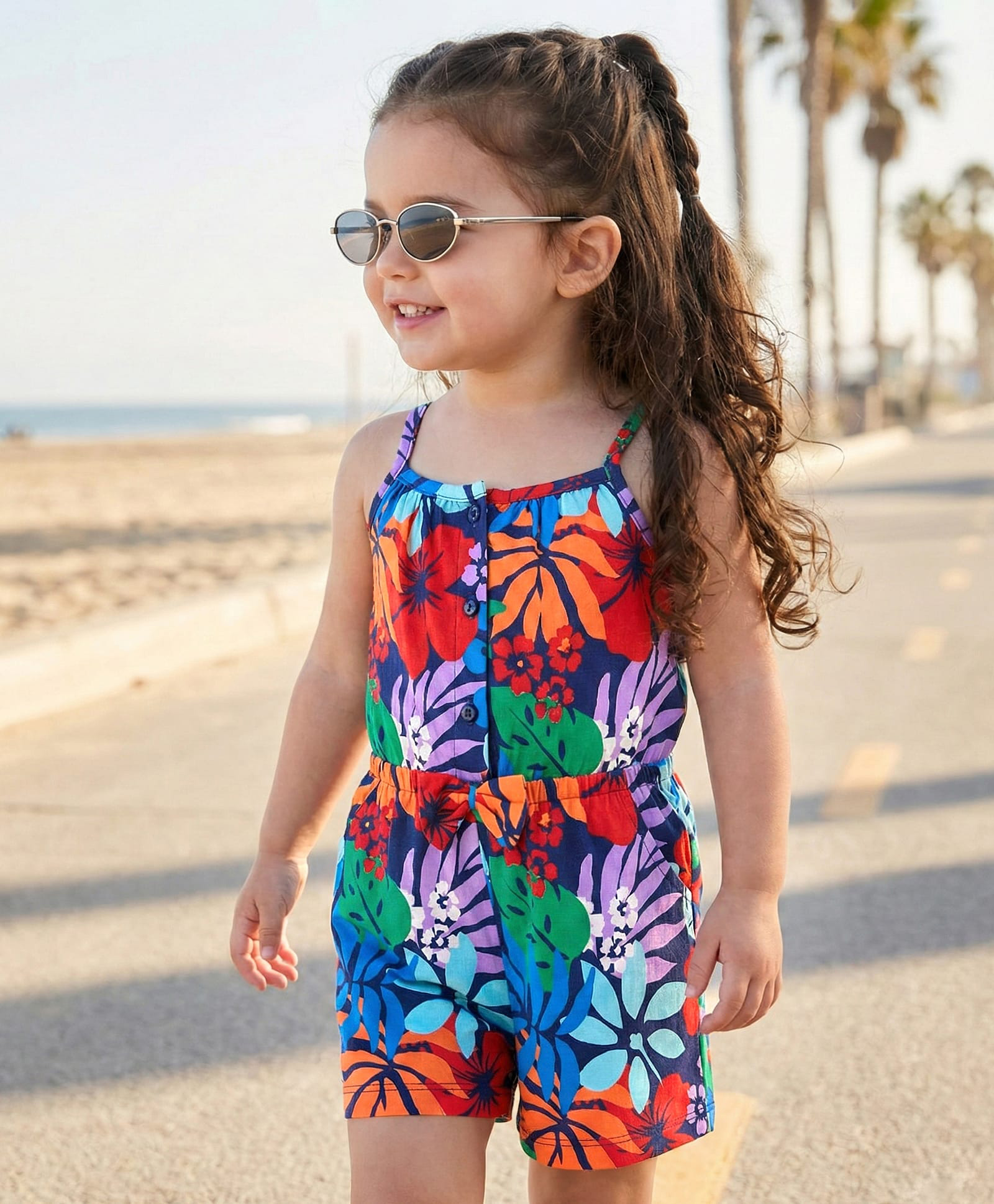 Babyhug Cotton Knit Sleeveless Jumpsuit With Floral Print - Navy Blue-image-5