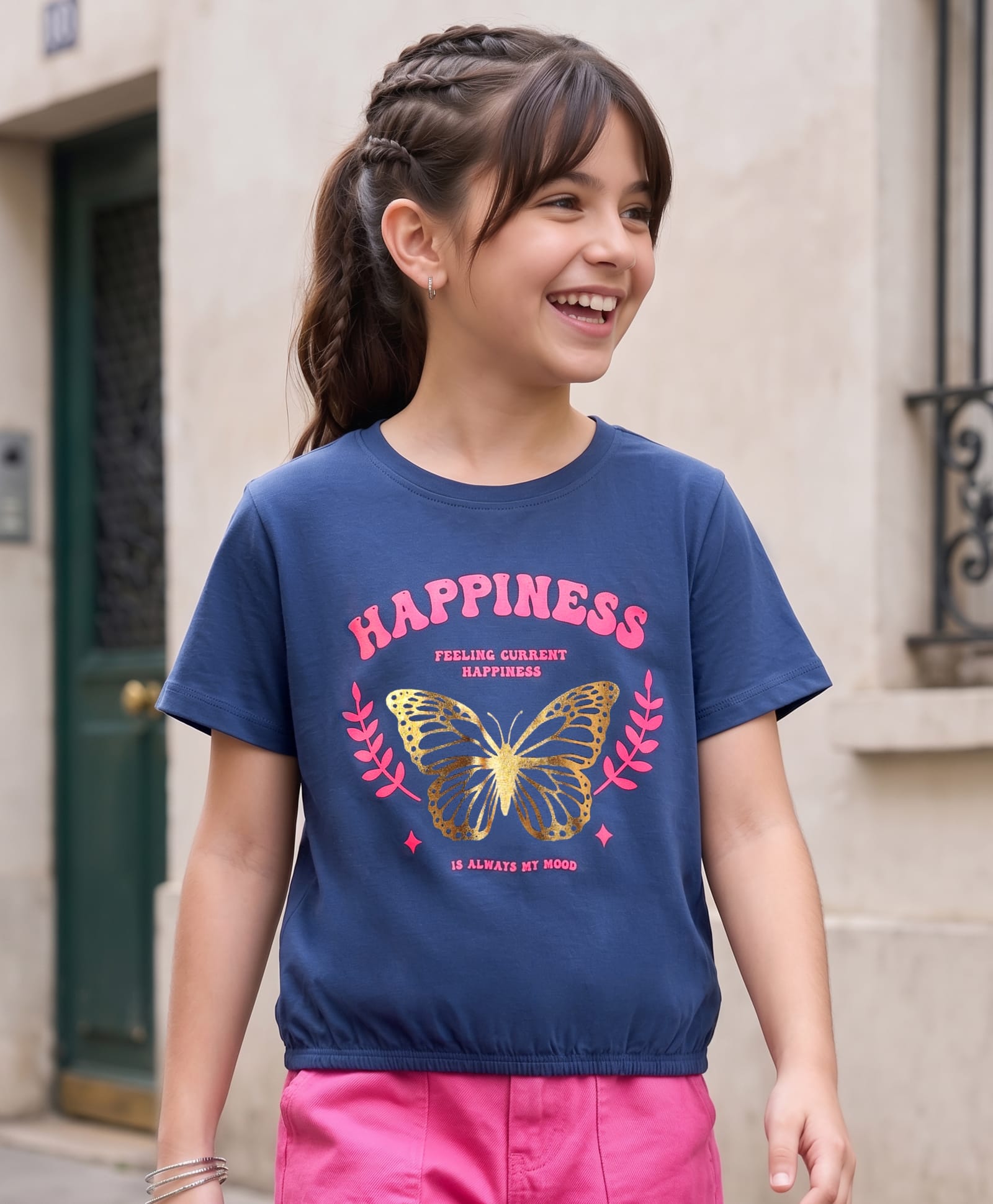 Pine Kids Cotton Knit Half Sleeves T-Shirt with Butterfly Foil Print - Navy Blue-picture-15