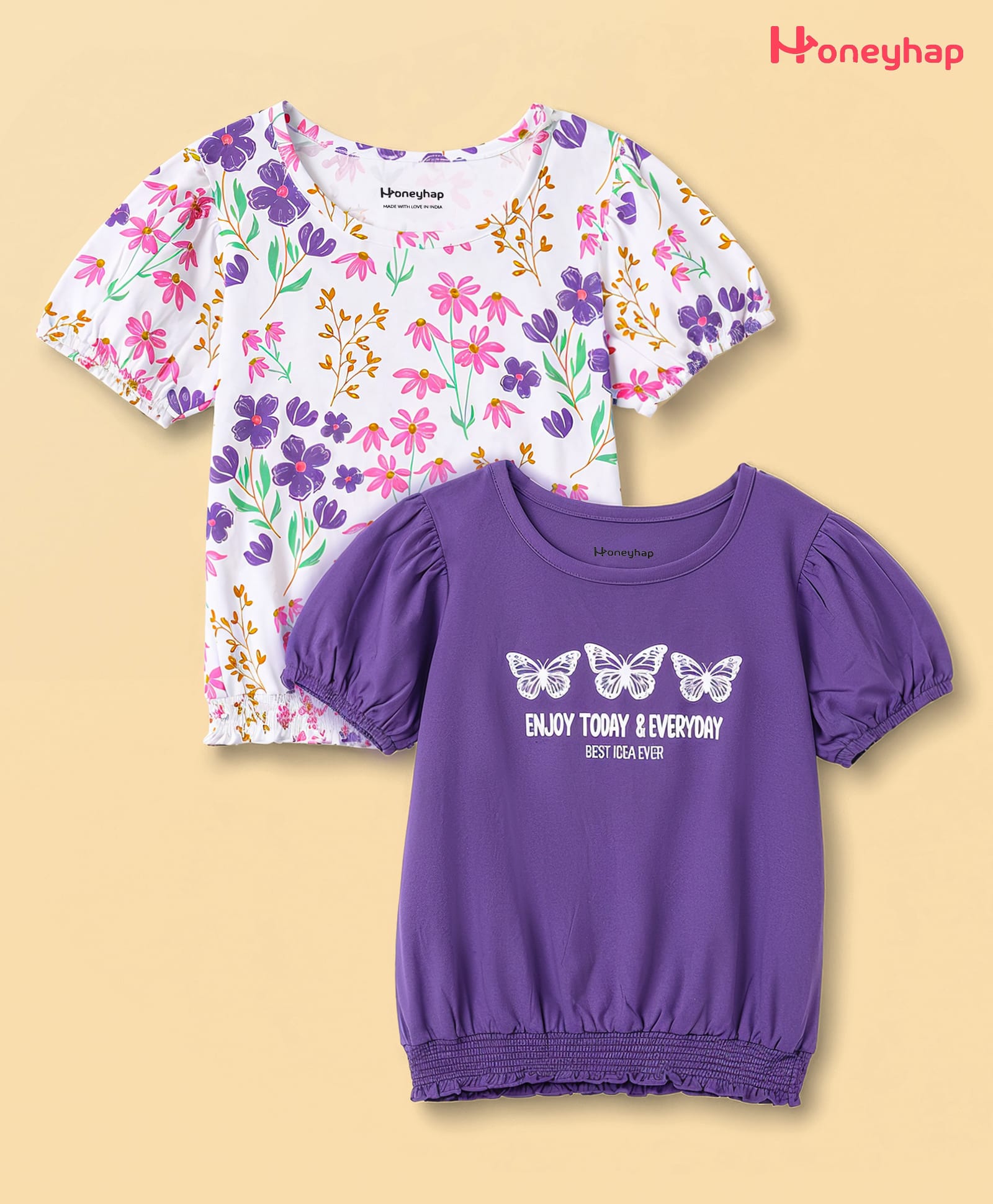 Honeyhap Premium 100% Cotton Knit Bio Finish Half Sleeves Tops with Floral & Butterfly Print Pack Of 2 - Bright White & Chive Blossom-picture-20