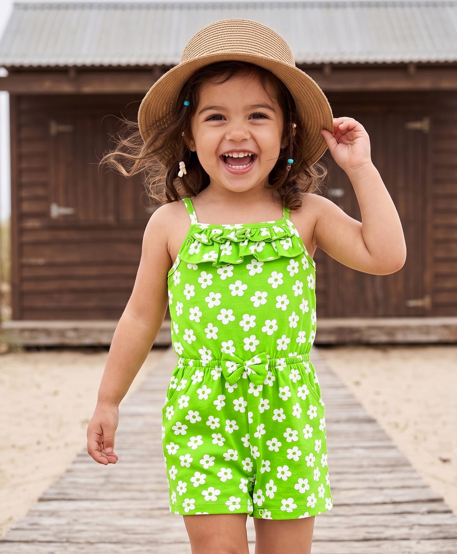 Babyhug Cotton Knit Sleeves Jumpsuit with Floral Print & Bow Applique - Light Green-picture-25