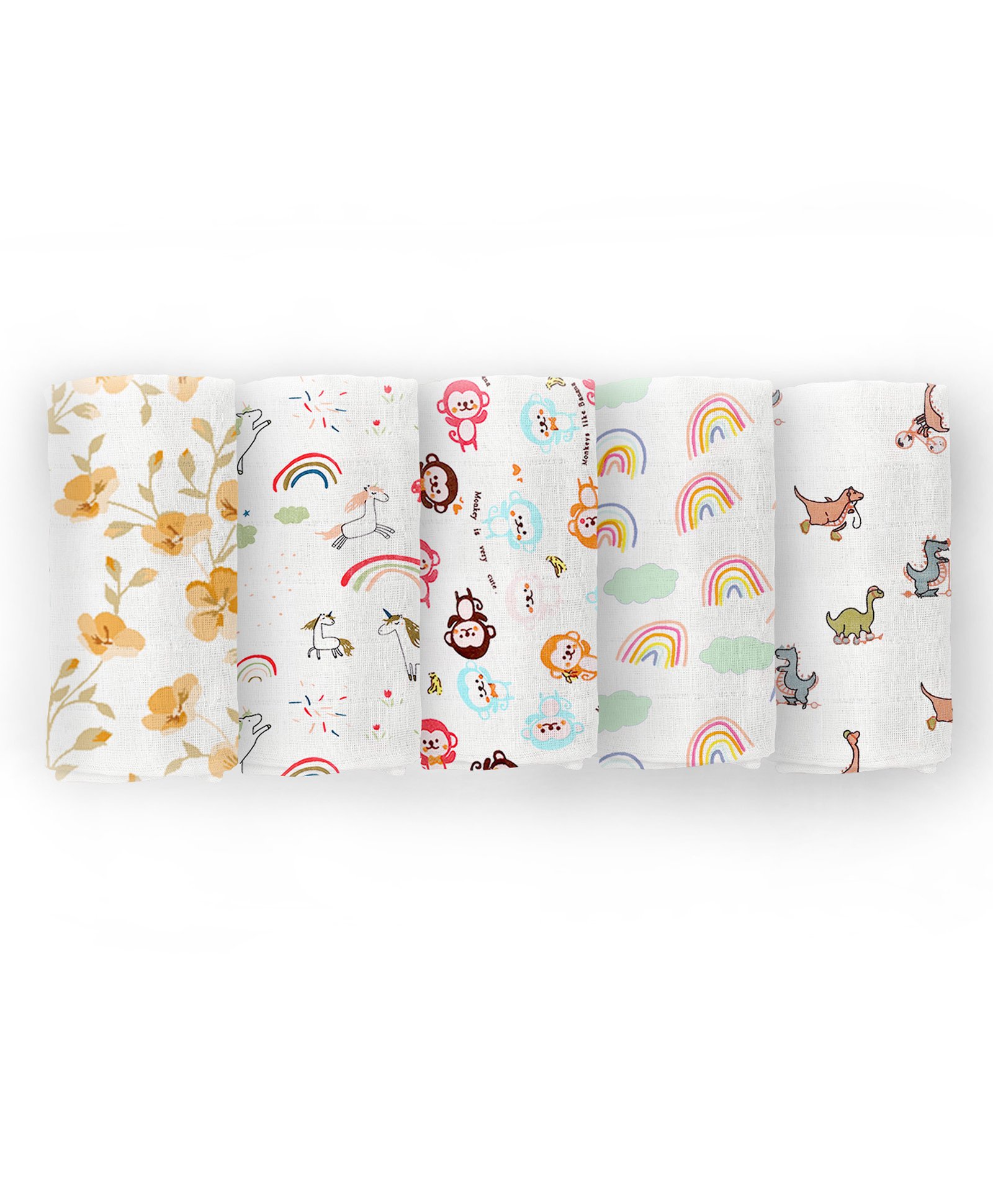 Moms Home Organic Cotton Muslin Swaddle| Soft Pure Cotton Sheets Baby Wrap Set for Newborn Babies | Bloom, Unicorn, Monkey, Rainbow, Dinosaur| Pack of 5-image-10