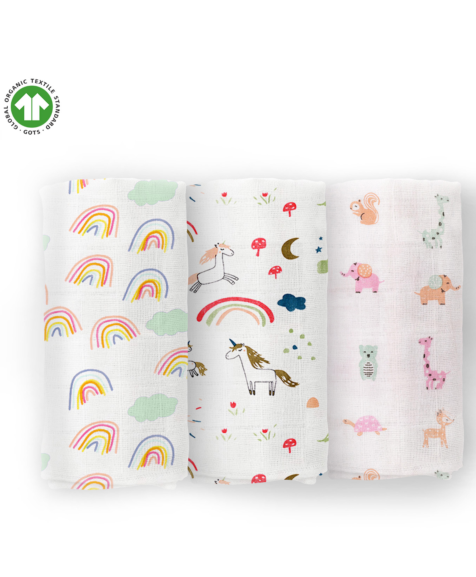 Moms Home Organic Cotton Muslin Swaddle| Soft Pure Cotton Sheets Baby Wrap Set for Newborn Babies | Rainbow, Unicorn & Cute Jungle| Pack of 3-image-12