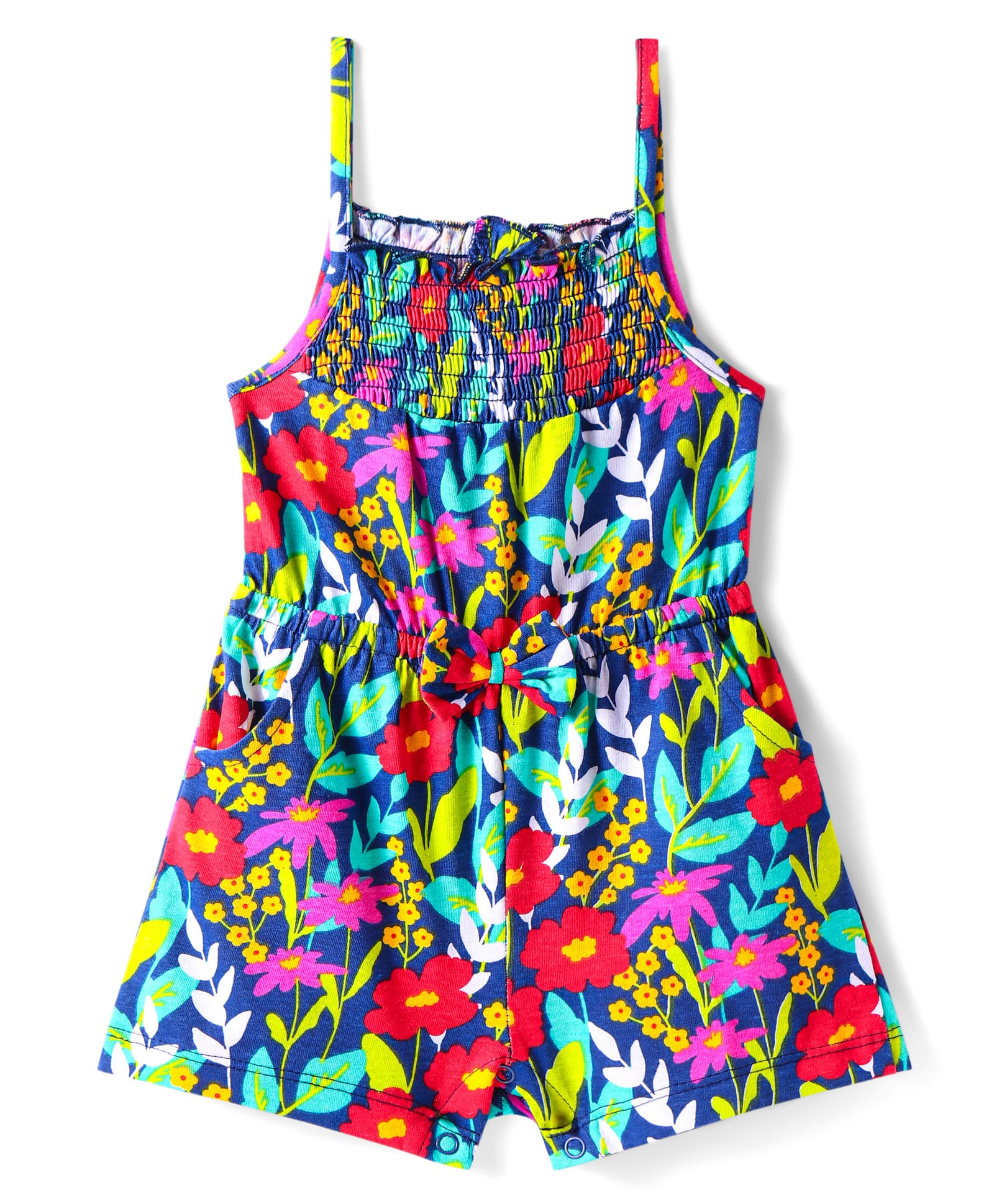 Babyhug Cotton Knit Singlet Sleeves Jumpsuit With Floral Print - Navy Blue-picture-21