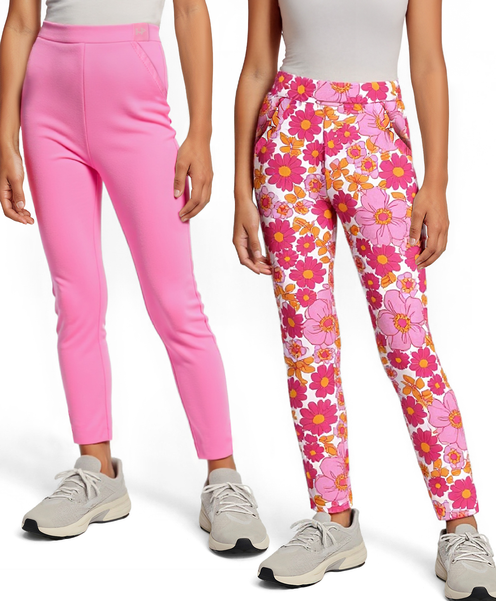 Honeyhap Premium Cotton Elastane Knit Leggings With Floral Print Pack Of 2 - Prism & Fandango Pink-image-36