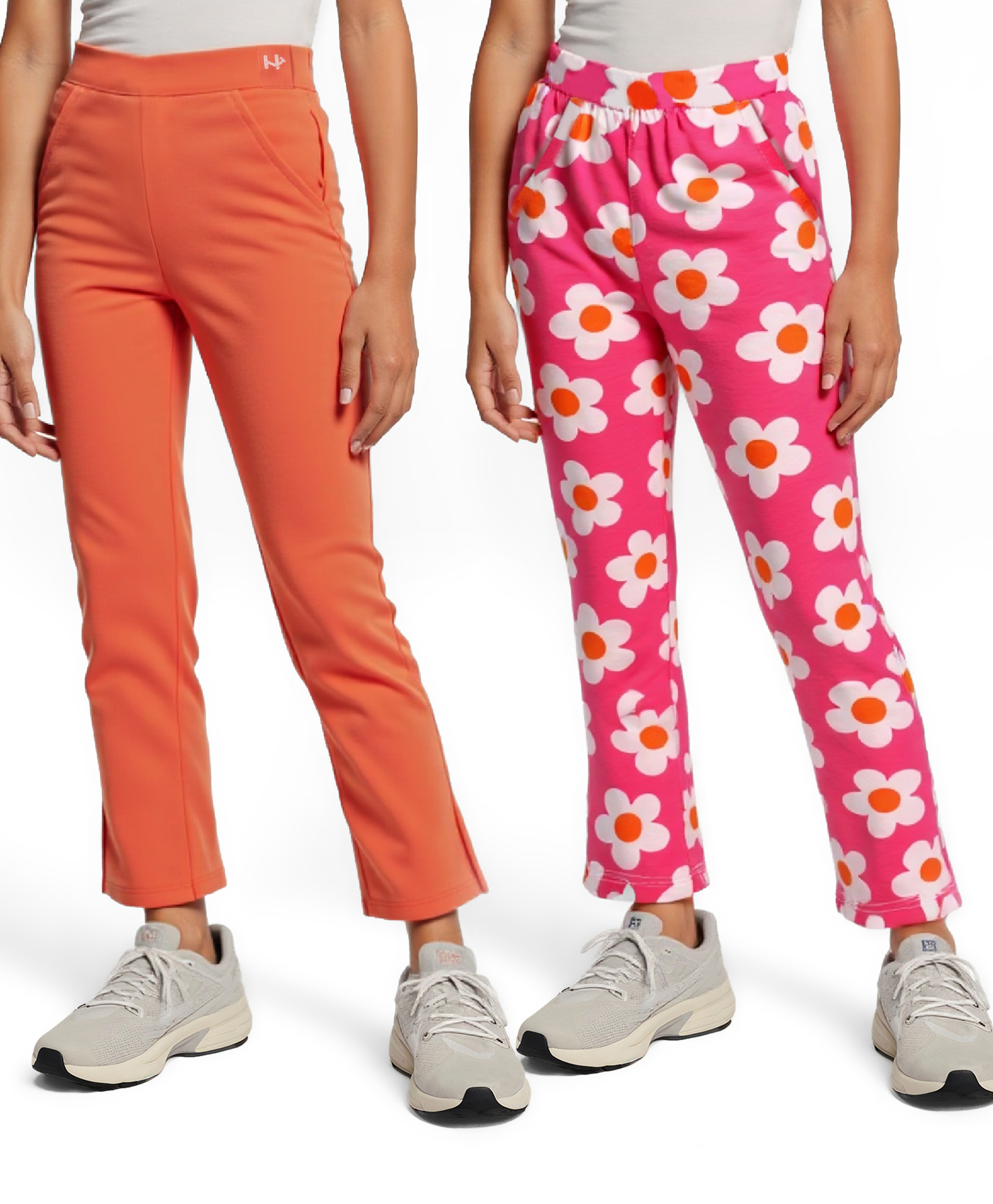 Honeyhap Premium Cotton Elastane Knit Leggings With Floral Print Pack Of 2 - Coral Rose & Raspberry-image-1