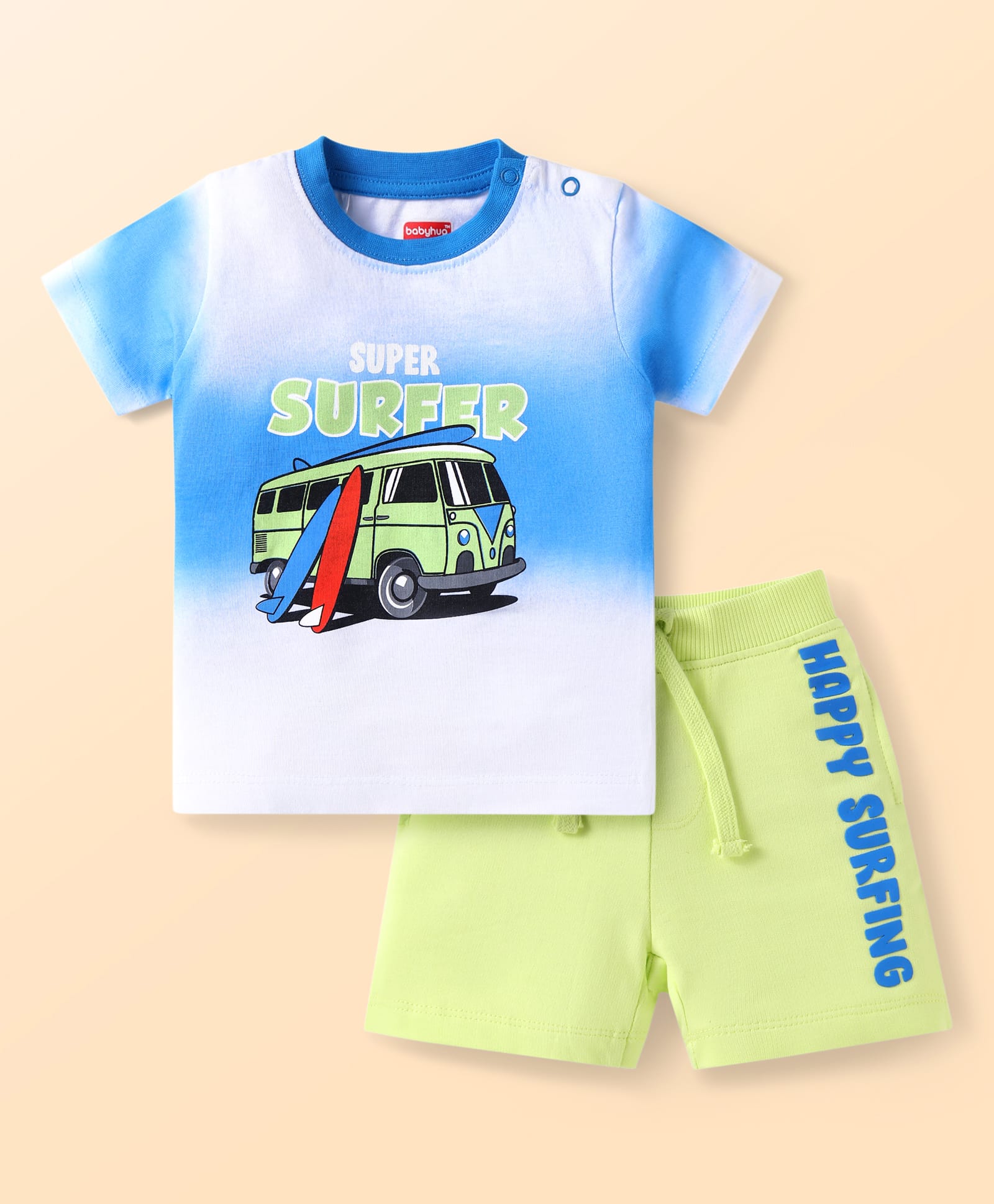 Babyhug Single Jersey Knit Half Sleeves T-Shirt & Shorts Set with Beach Theme Print - Light Green & White-image-20