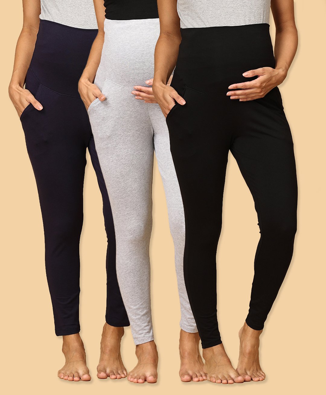 The Mom Store Pack Of 3 Cotton Spandex Solid Maternity Leggings - Black Navy Blue & Grey-picture-27