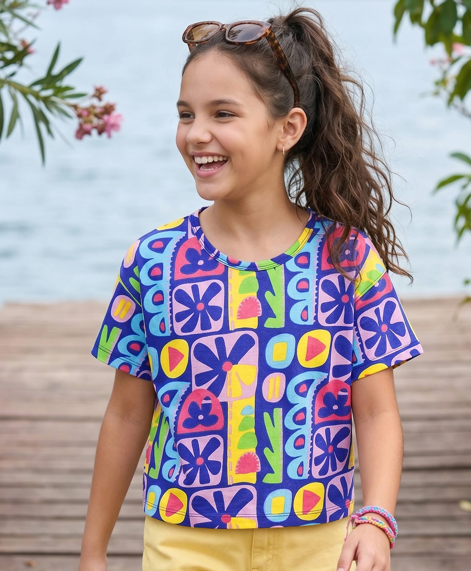 Pine Kids Cotton Knit Half Sleeves Oversize T-Shirt With Floral Print - Blue-picture-5