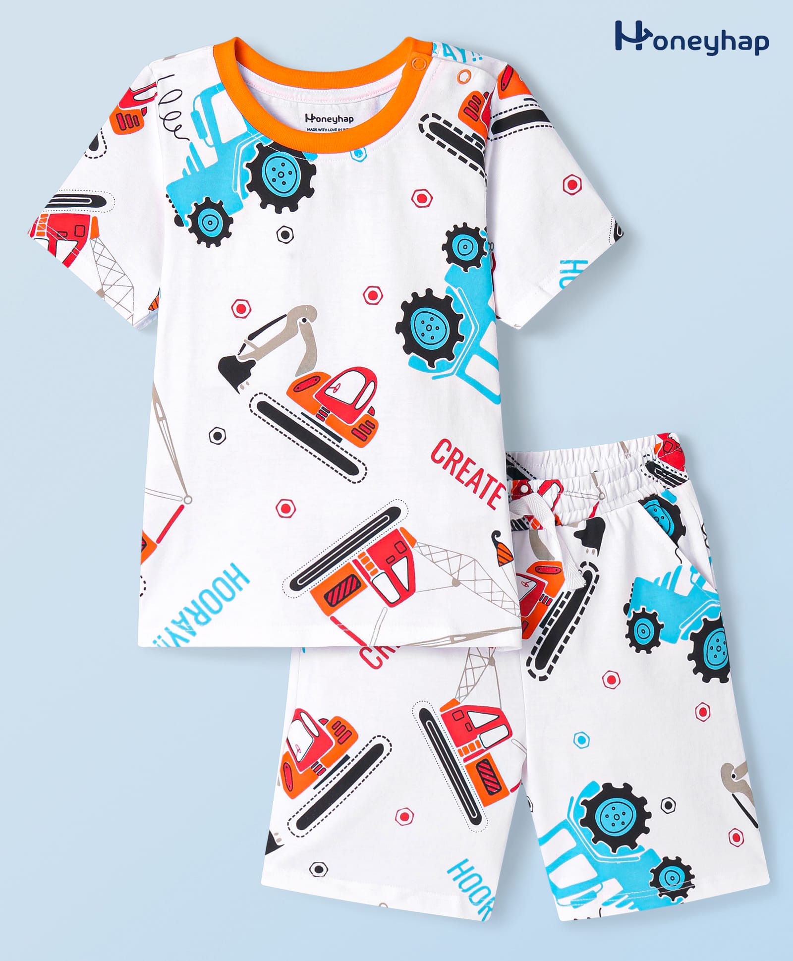 Honeyhap Premium Cotton Knit Half Sleeves Bio Finish Co-ords Shorts Night Suit with Vehicle Print - Bright White-picture-31