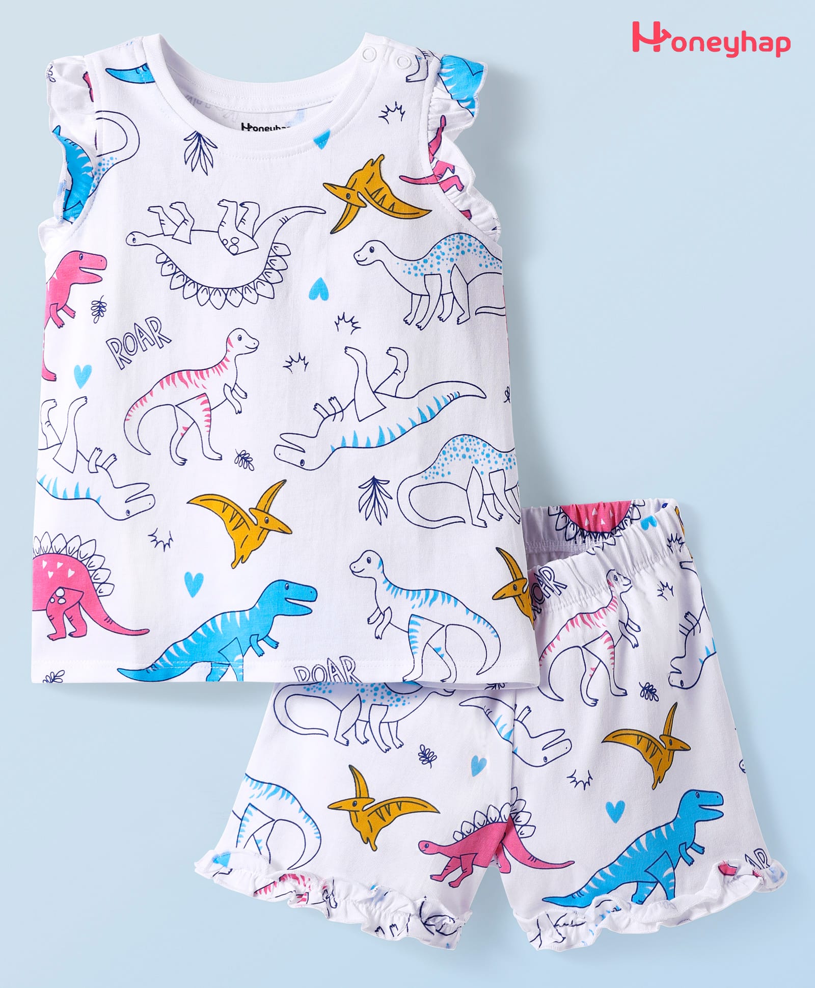 Honeyhap Premium Cotton Knit Frill Sleeves Dino Printed Co-ord Shorts Night Suit with Bio Finish - Bright White-picture-15