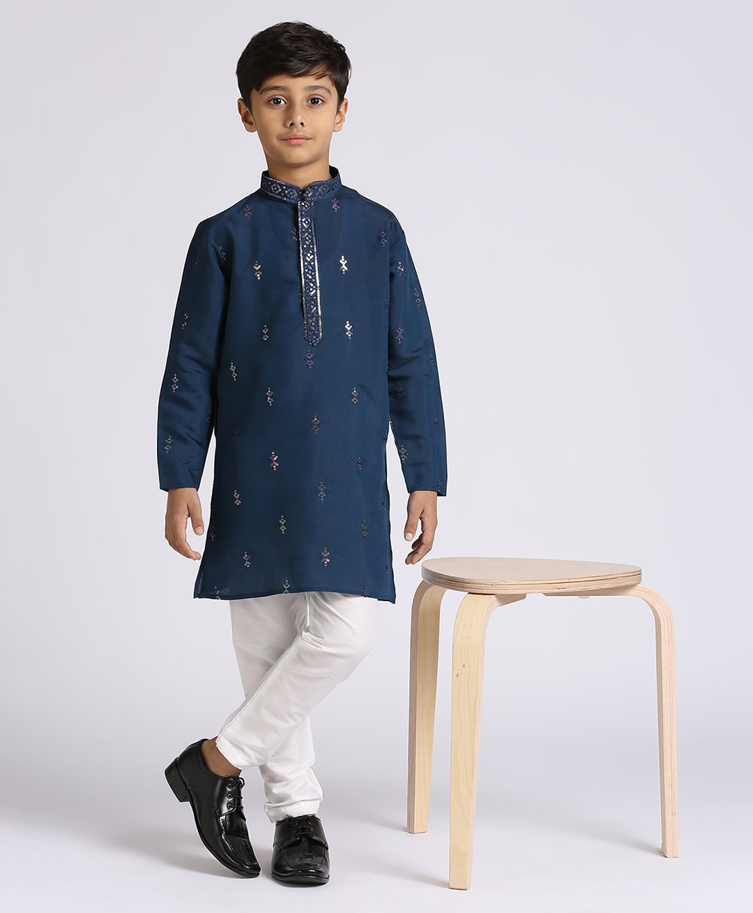 KIDS ISLAND Silk Full Sleeves Threadwork Embroidered & Sequins Embellished Kurta Pyjama Set - Blue-image-46