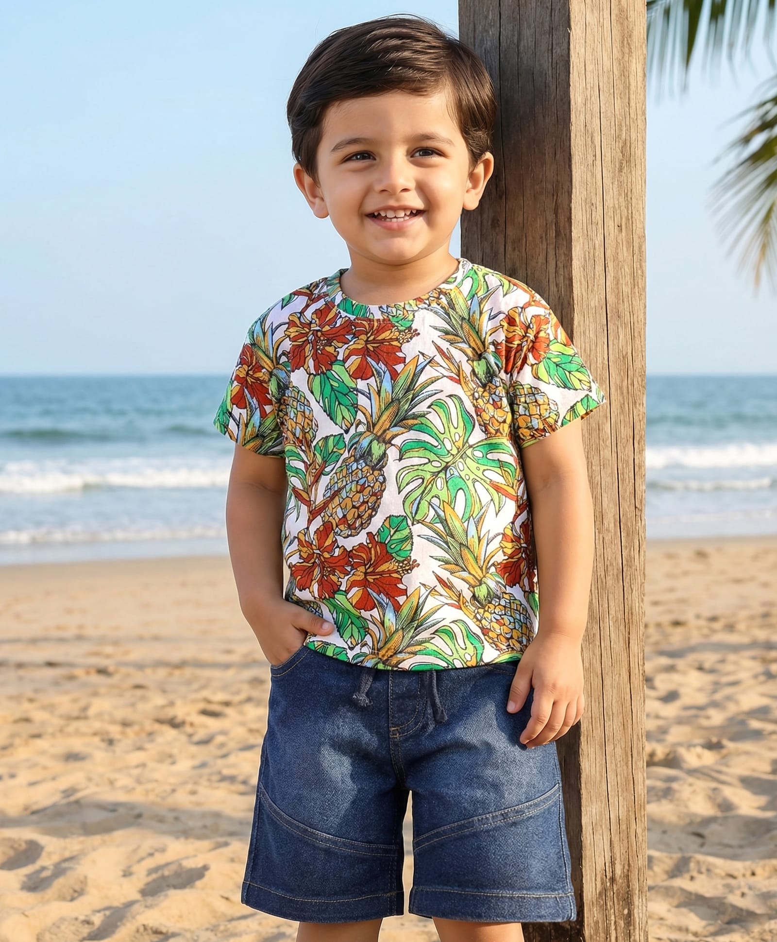 Babyhug Single Jersey Knit Half Sleeves T-Shirt & Denim Shorts Set with Pineapple Print - Multicolor-picture-27