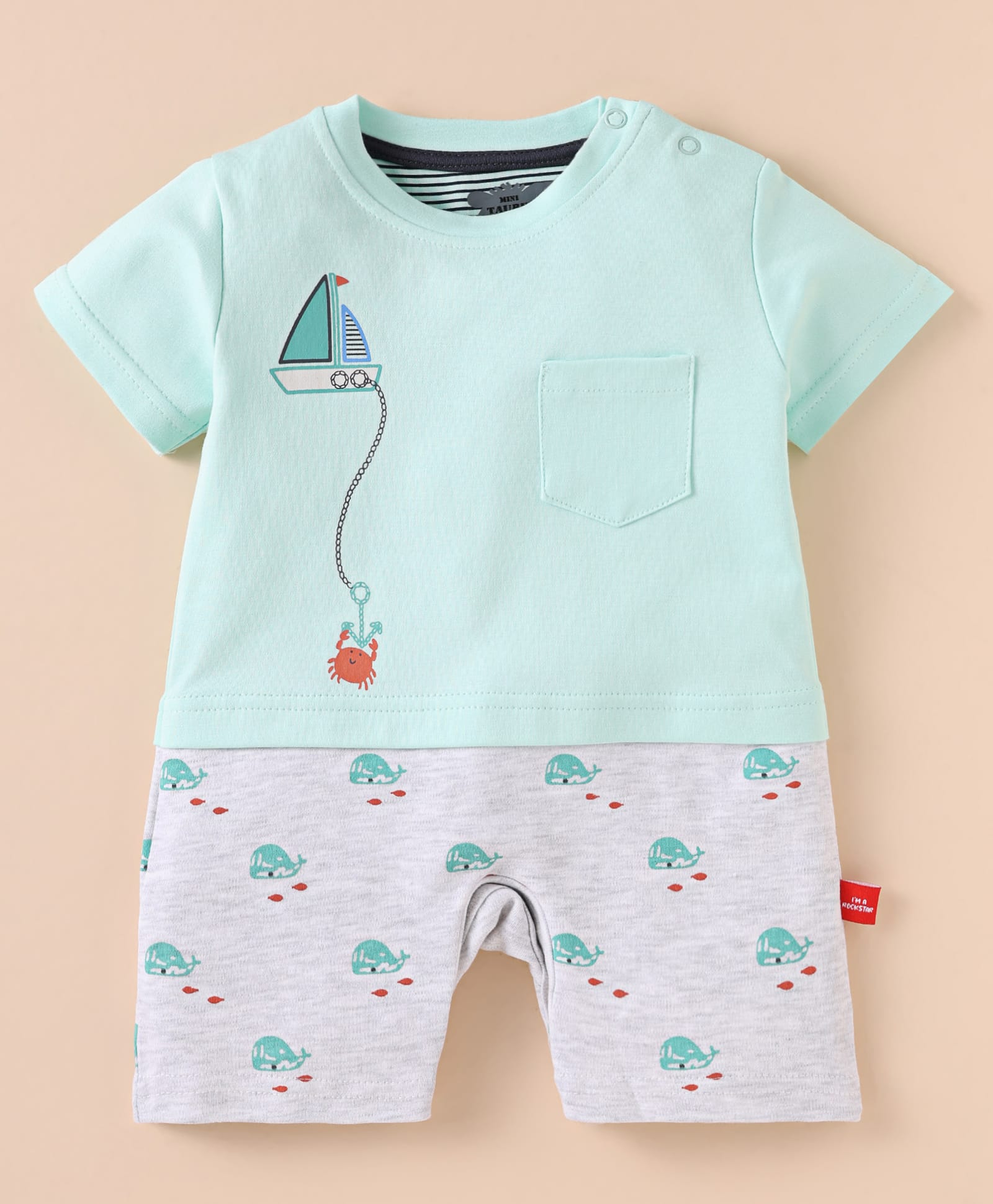 Mini Taurus Cotton Knit Half Sleeves Rompers with Whale Print - Blue & Grey-picture-25