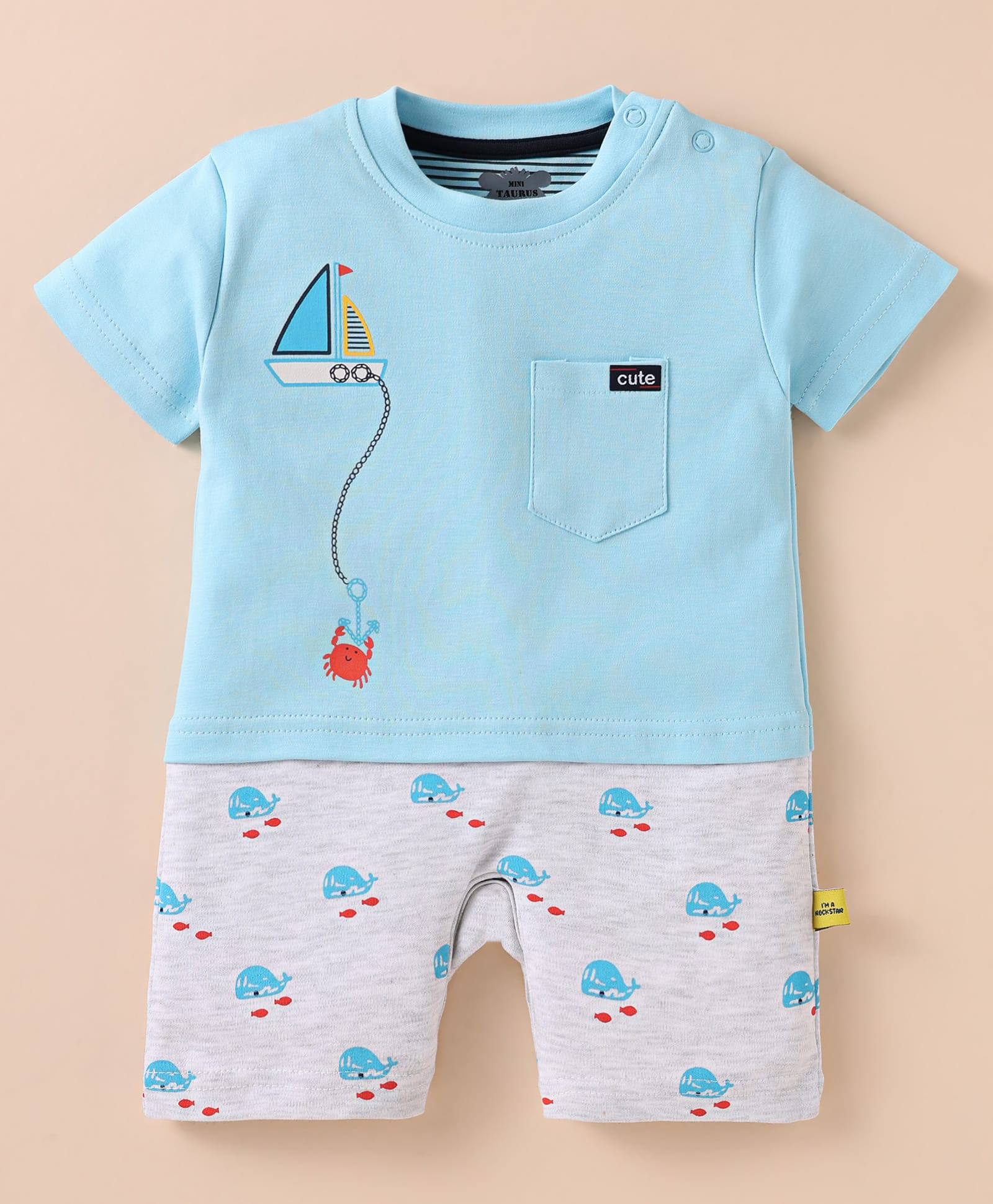 Mini Taurus Cotton Knit Half Sleeves Rompers with Whale Print - Aqua Blue-picture-26