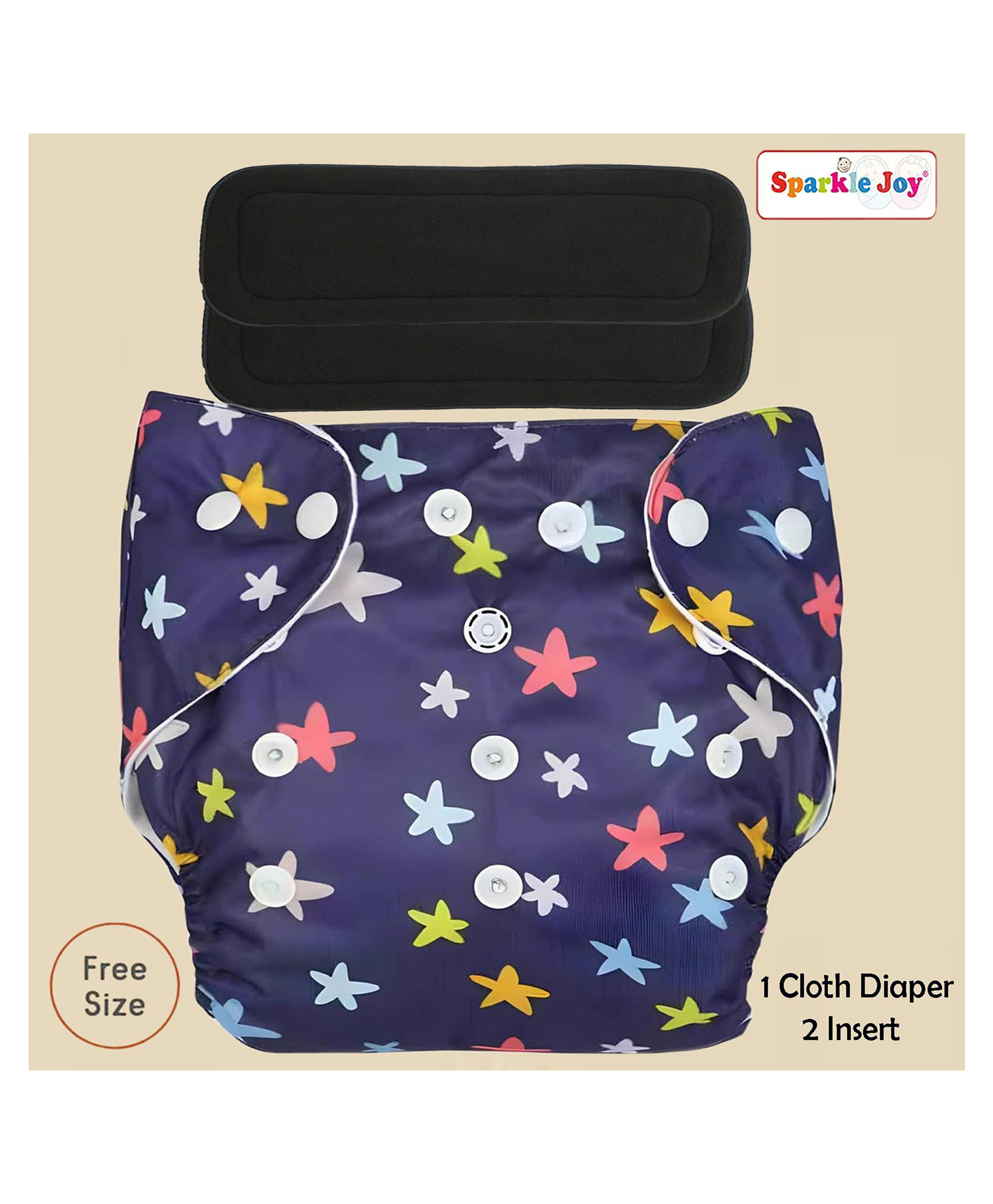 Sparkle Joy Free Size Reusable Cloth Nappies With 2 Smart Dry Inserts Star Print - Blue-image-44