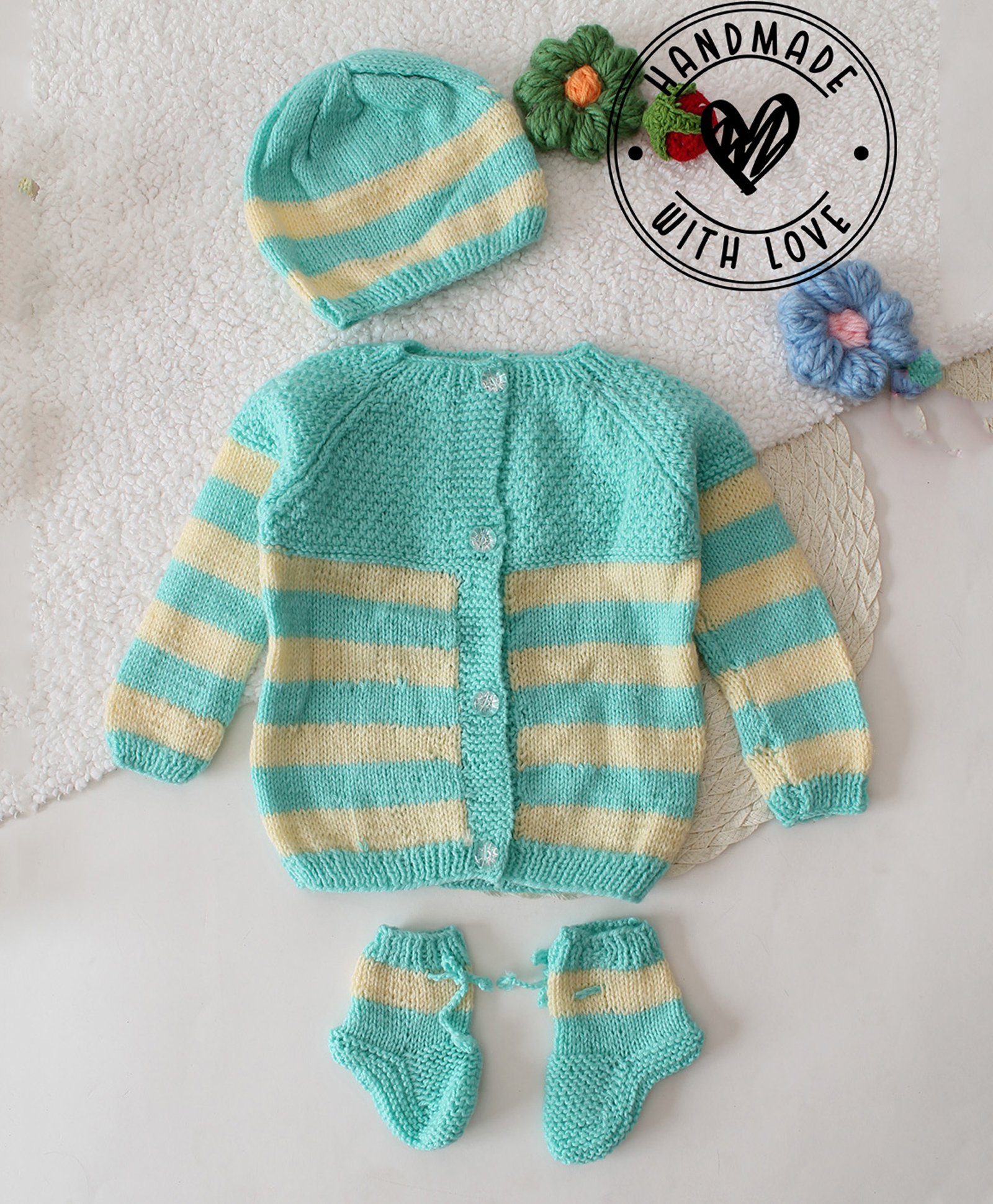 Woonie Full Raglan Sleeves Striped Handknitted Sweater With Cap & Socks - Green-image-5