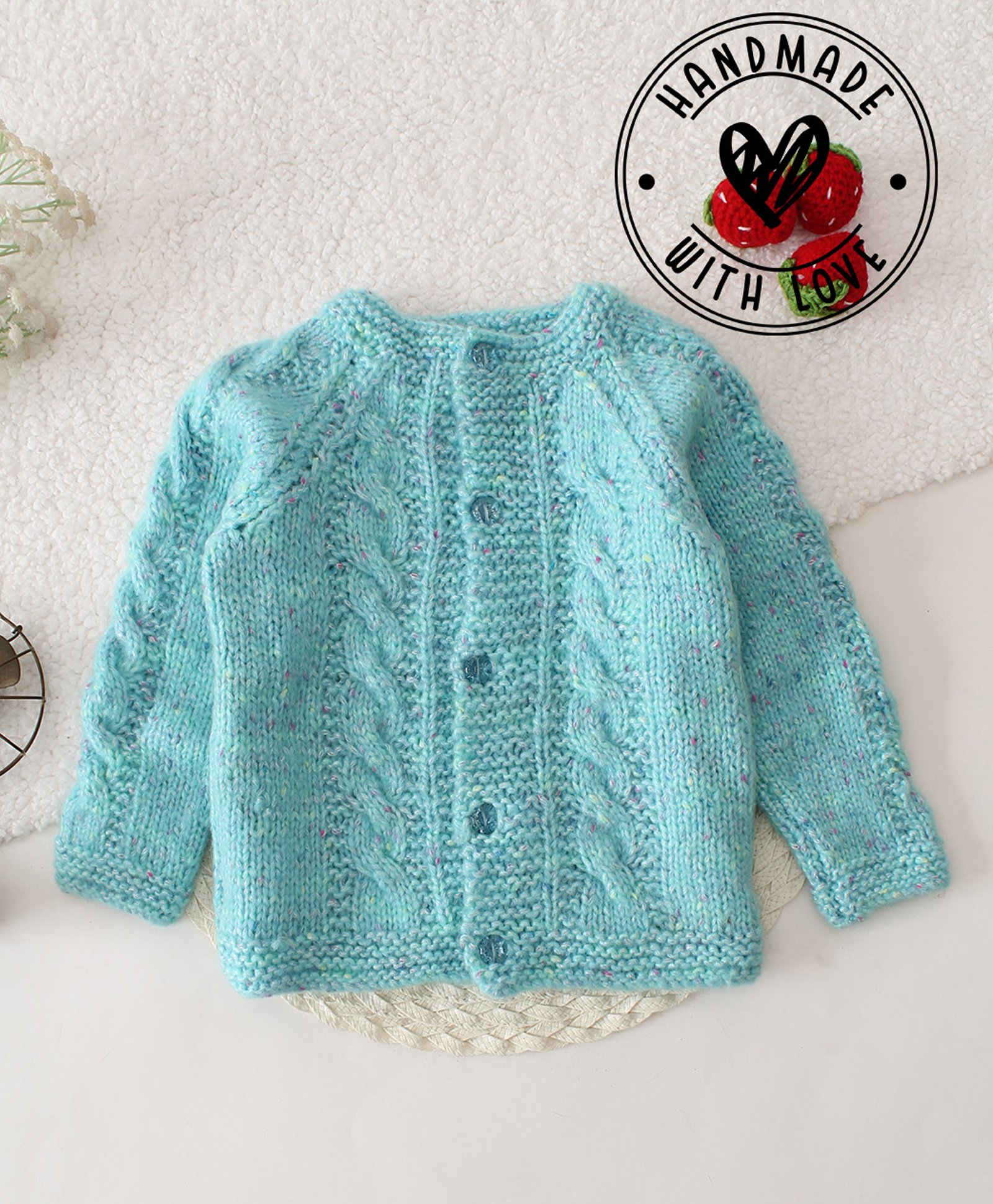 Woonie Full Raglan Sleeves Cable Knit Designed Handknitted Cardigan - Blue-picture-16
