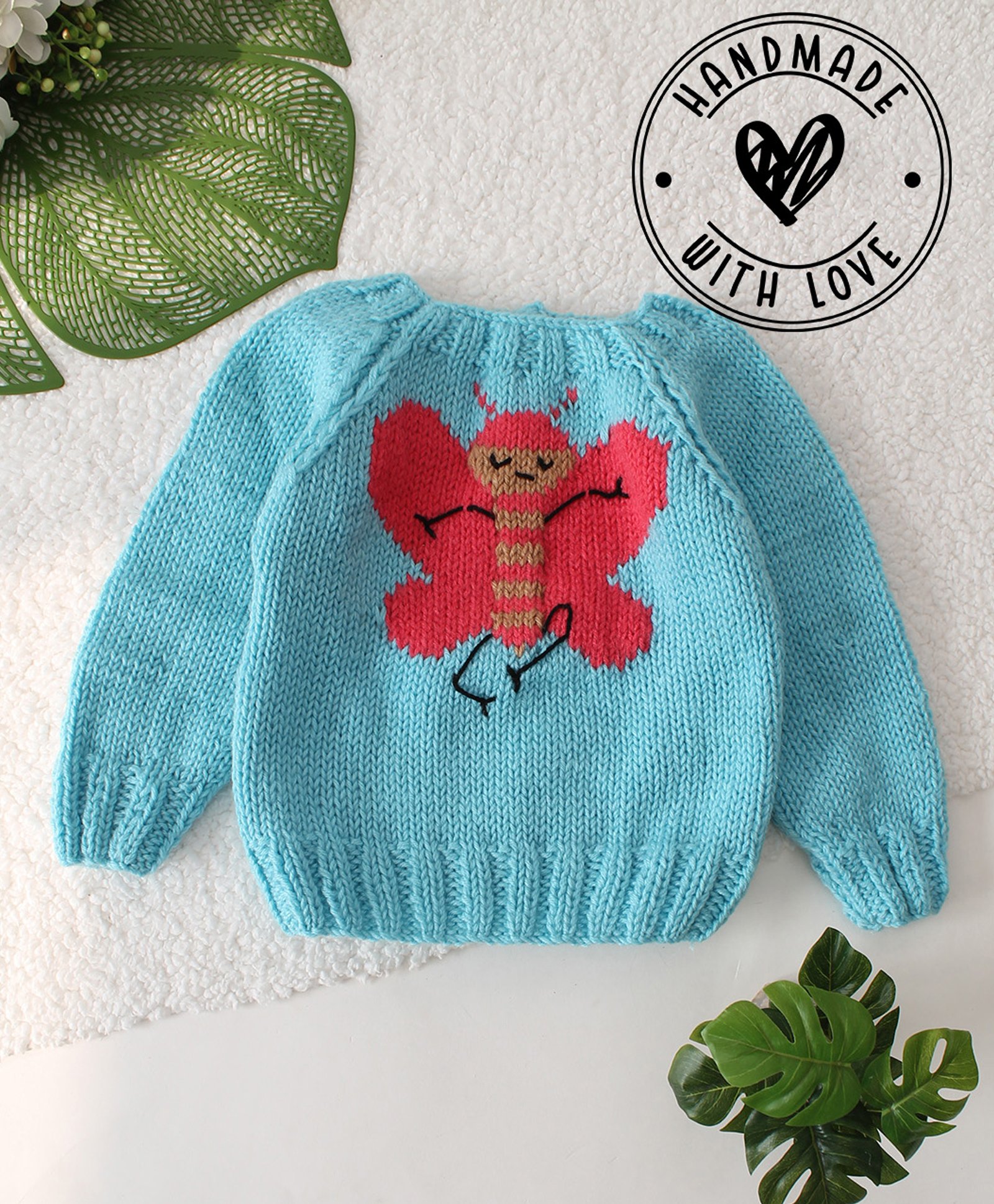Woonie Full Raglan Sleeves Butterfly Designed Handknitted Sweater - Blue-picture-19