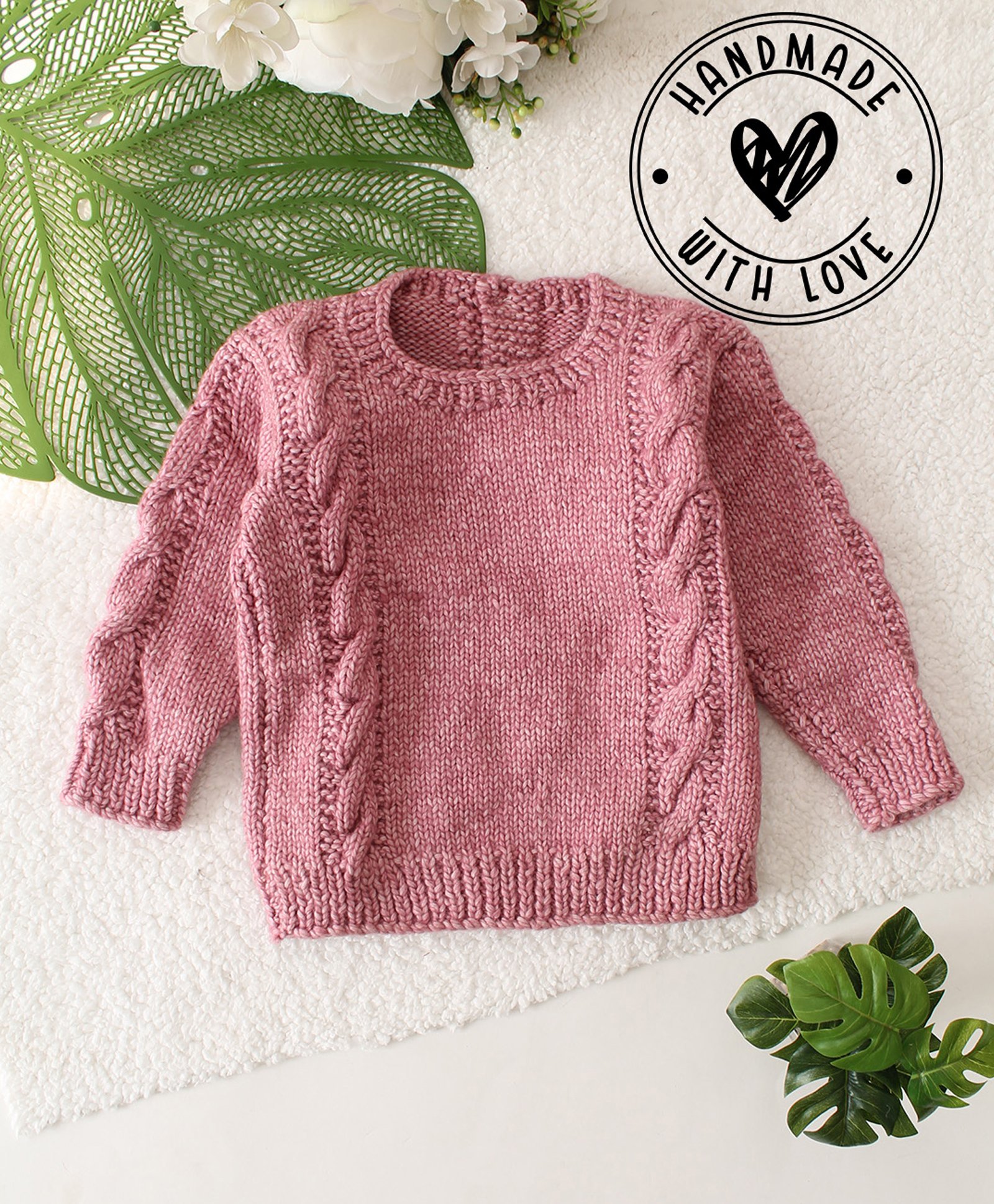 Woonie Full Sleeves Cable Knit Designed Hand Knitted Sweater - Pink-picture-25