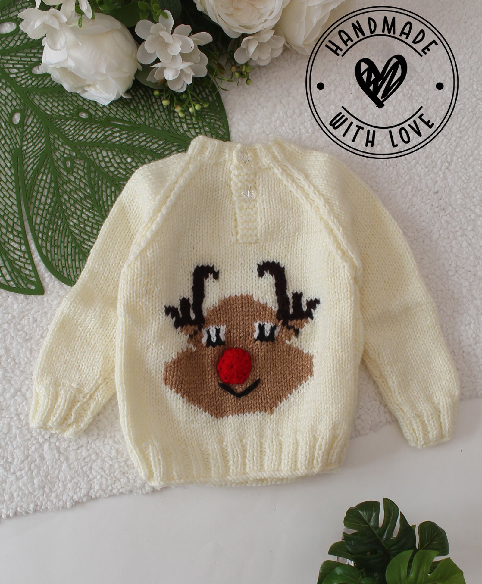 Woonie Full Sleeves Reindeer Designed Hand Knitted Sweater - Cream-picture-15