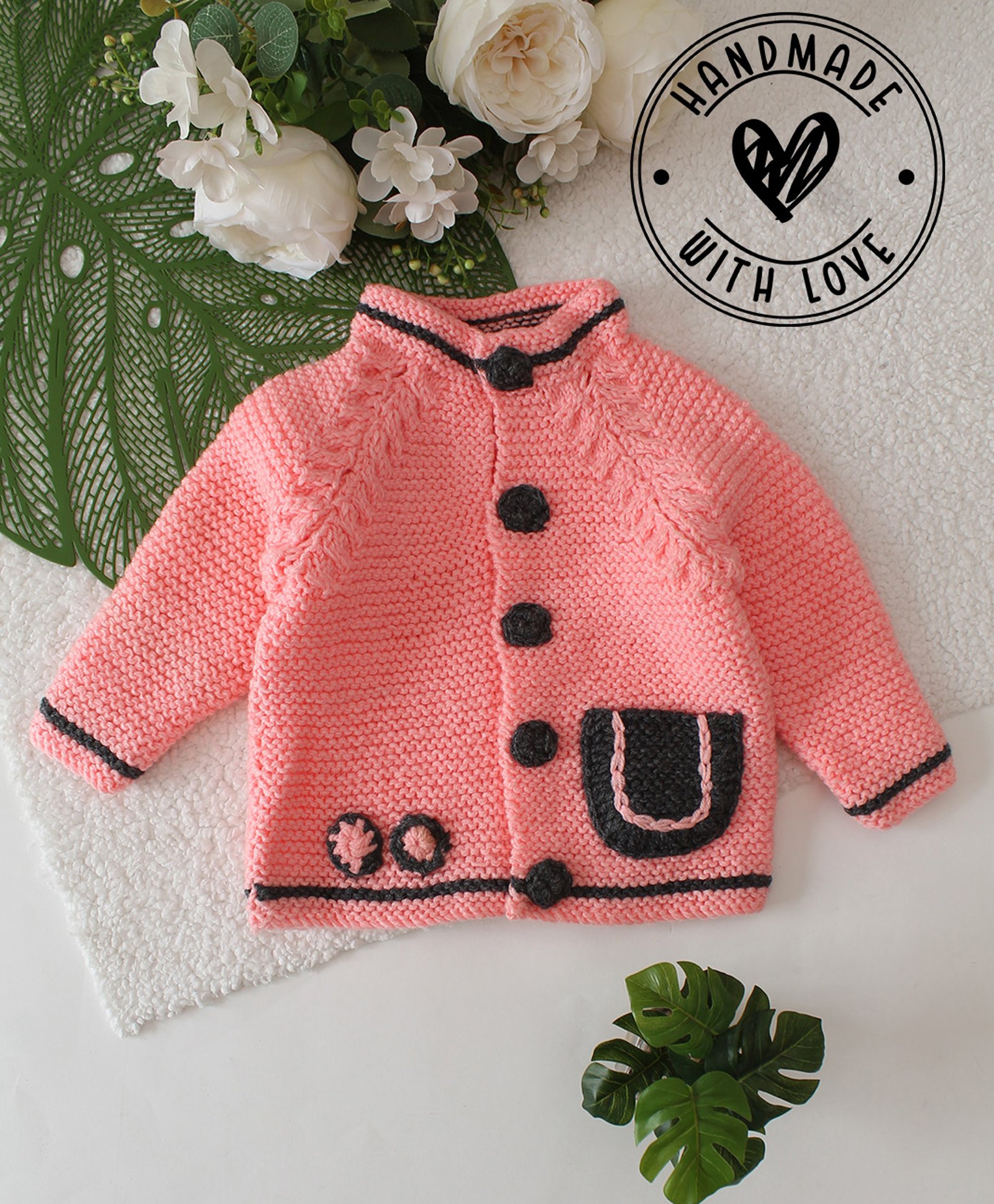 Woonie Full Sleeves Abstract Designed Hand Knitted Cardigan - Peach-image-11