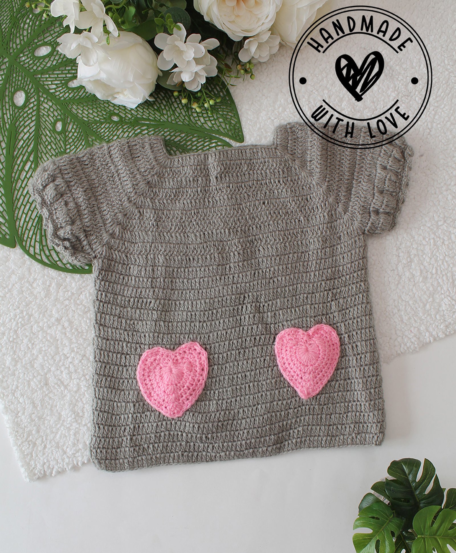 Woonie Half Sleeves Hearts Designed Crotchet Sweater - Grey-image-6