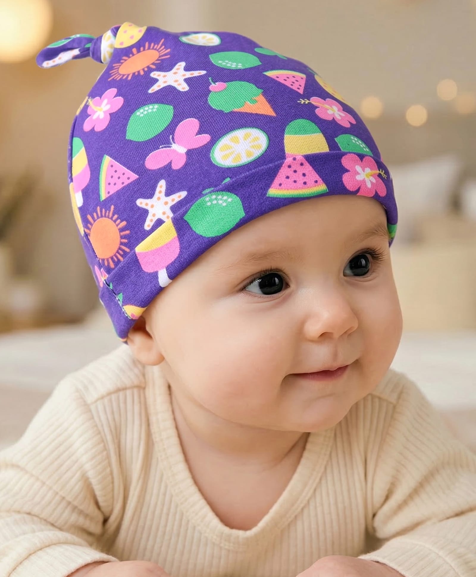 Babyhug 100% Cotton Knit Cap With Ice Cream & Fruit Print - Purple-image-13