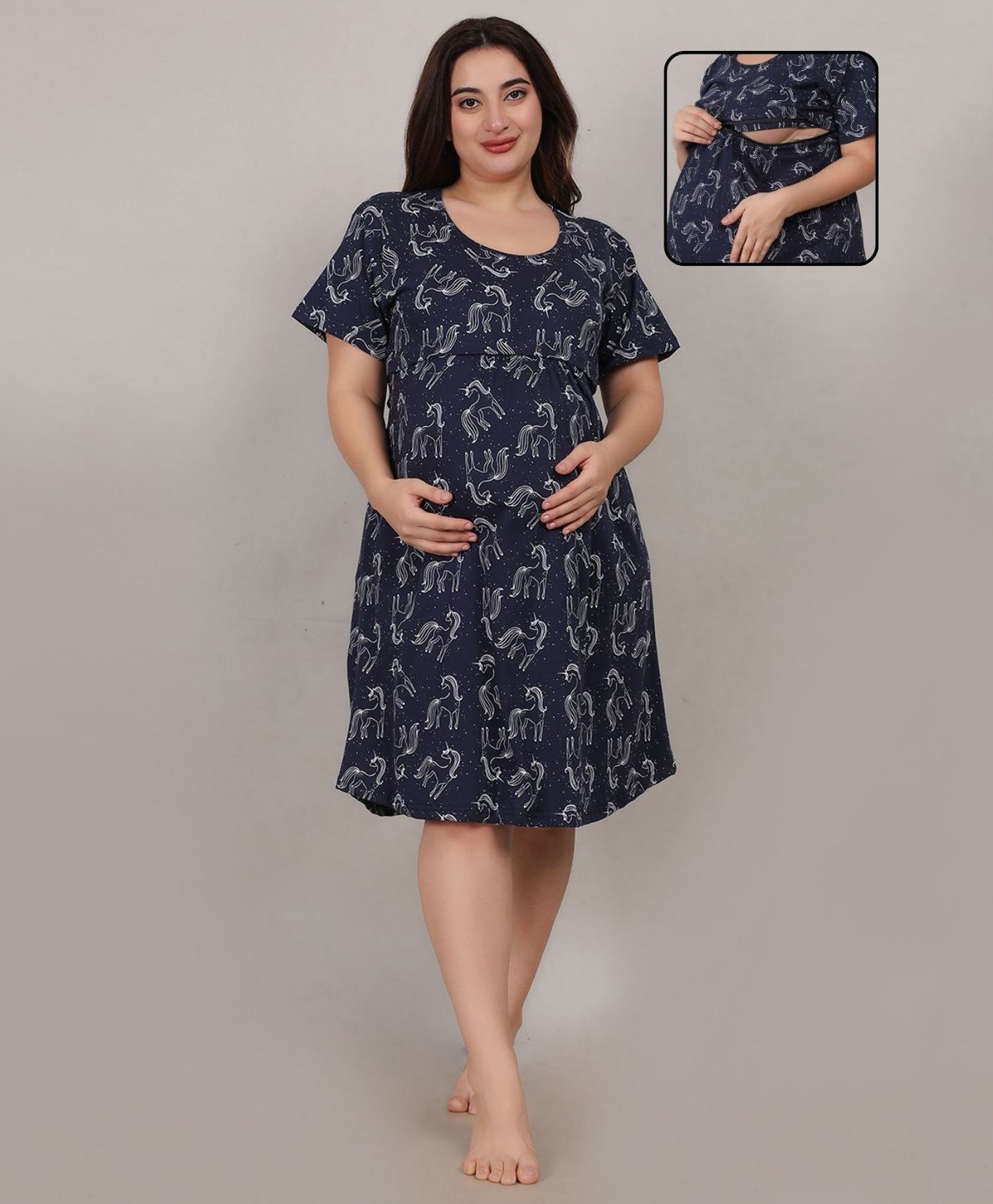 Fabme Cotton Jersey Half Sleeves Unicorn Printed Maternity Nighty With Nursing Access - Navy Blue-image-43