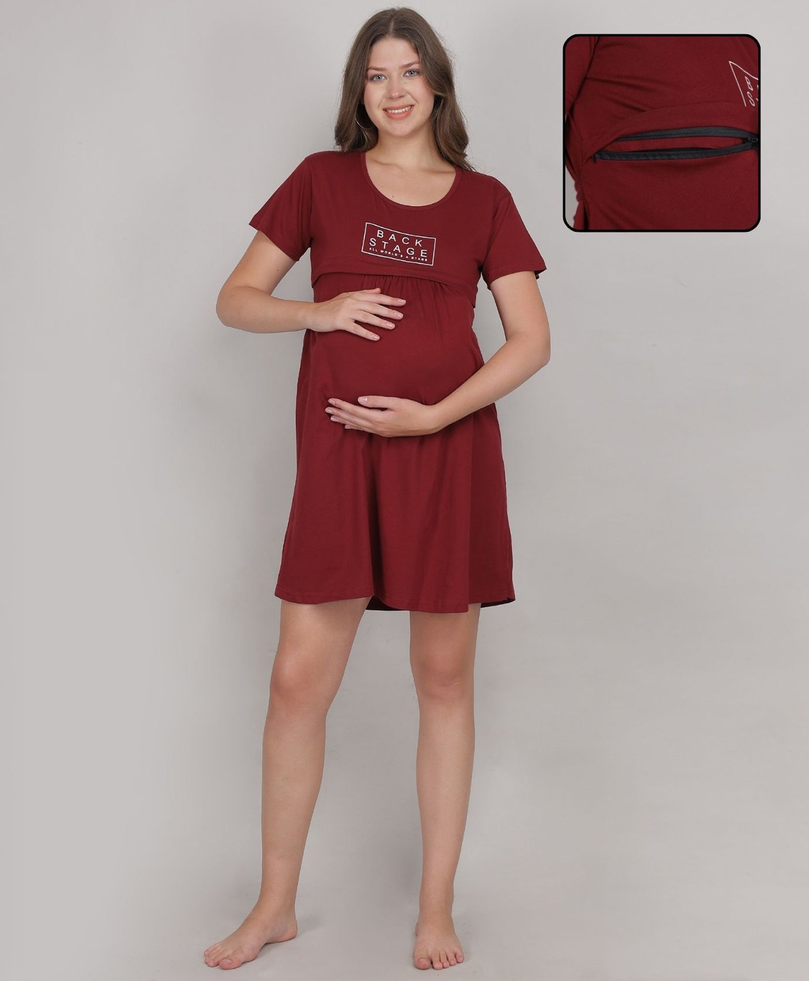 Fabme Cotton Jersey Half Sleeves Back Stage Text Printed Maternity Nighty With Nursing Access - Maroon-image-27