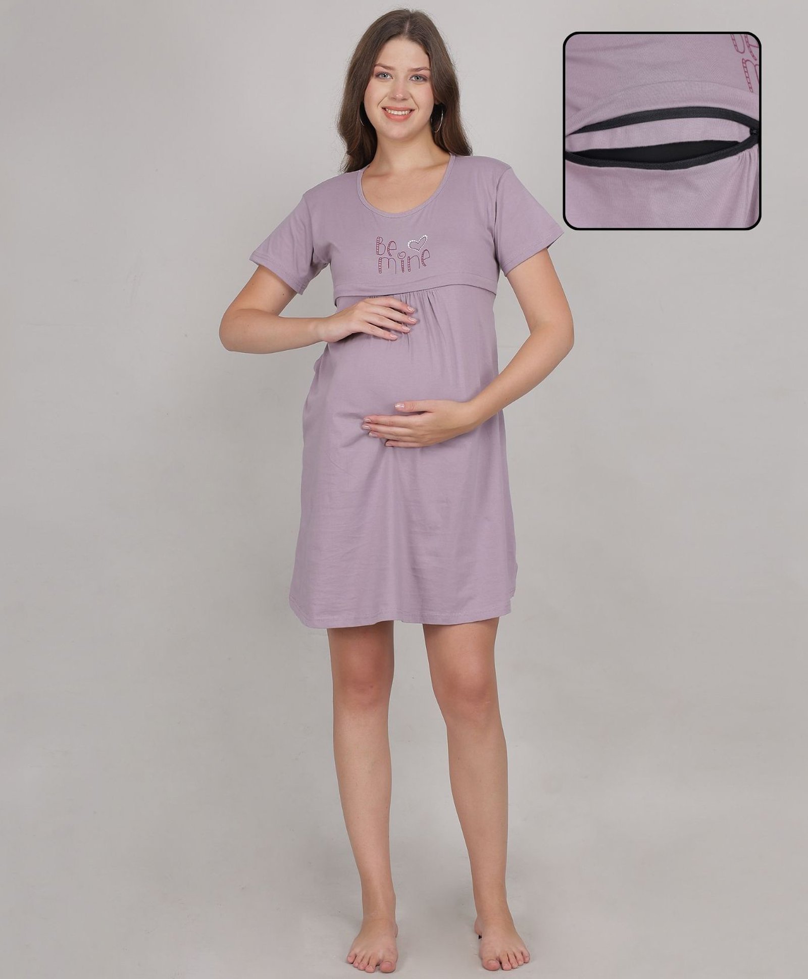 Fabme Cotton Jersey Half Sleeves Be Mine Text Printed Maternity Nighty With Nursing Access - Lavender-image-30