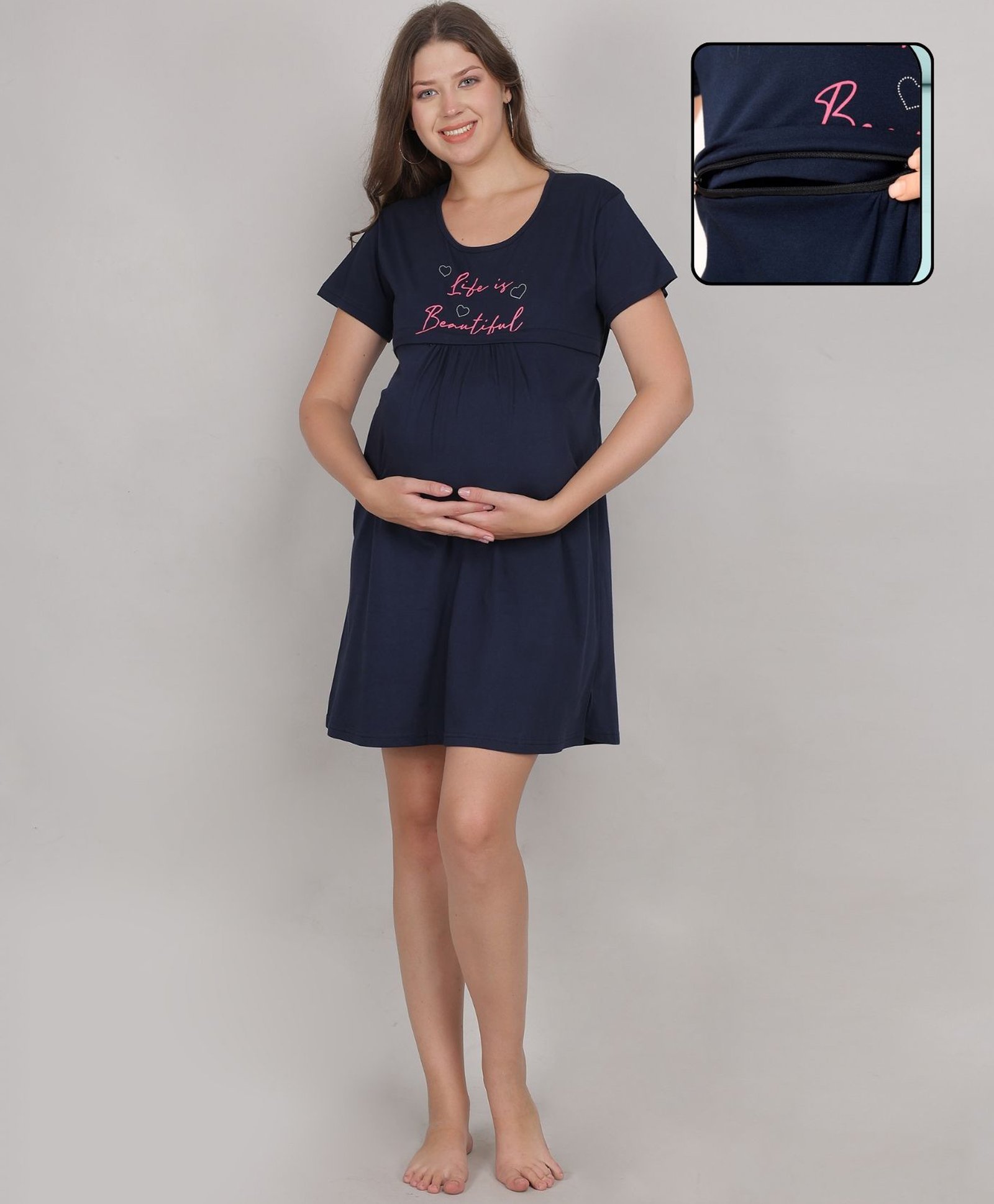 Fabme Cotton Jersey Half Sleeves Life Is Beautiful Text Printed Maternity Nighty With Nursing Access - Navy Blue-image-28