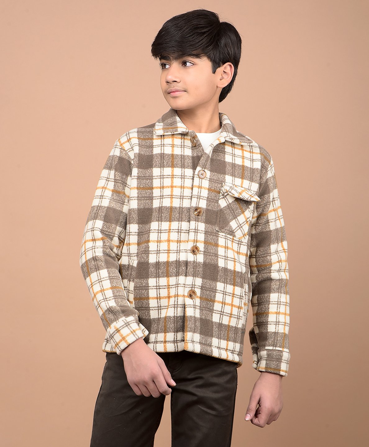 CRIMSOUNE CLUB Full Sleeves Checked Shacket - Brown-picture-17