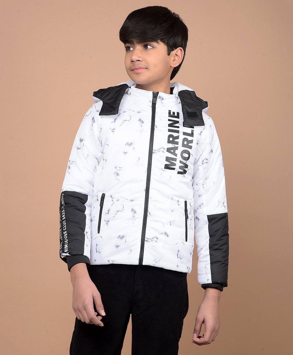 CRIMSOUNE CLUB Full Sleeves Marine World Text & Abstract Printed Hooded Puffer Jacket - White-image-6