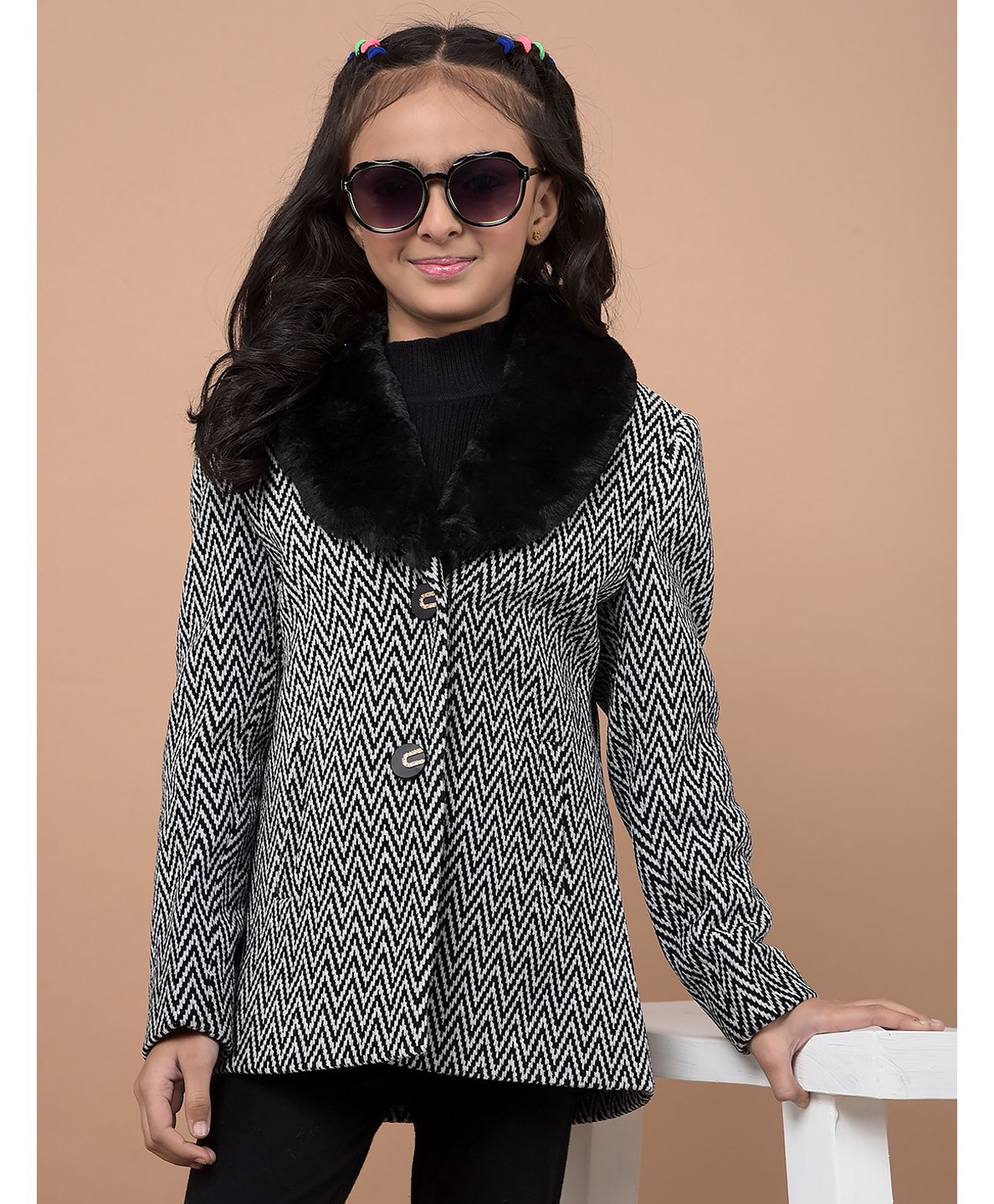 CRIMSOUNE CLUB Full Sleeves Chevron Designed Jacquard Coat - Black & White-image-36