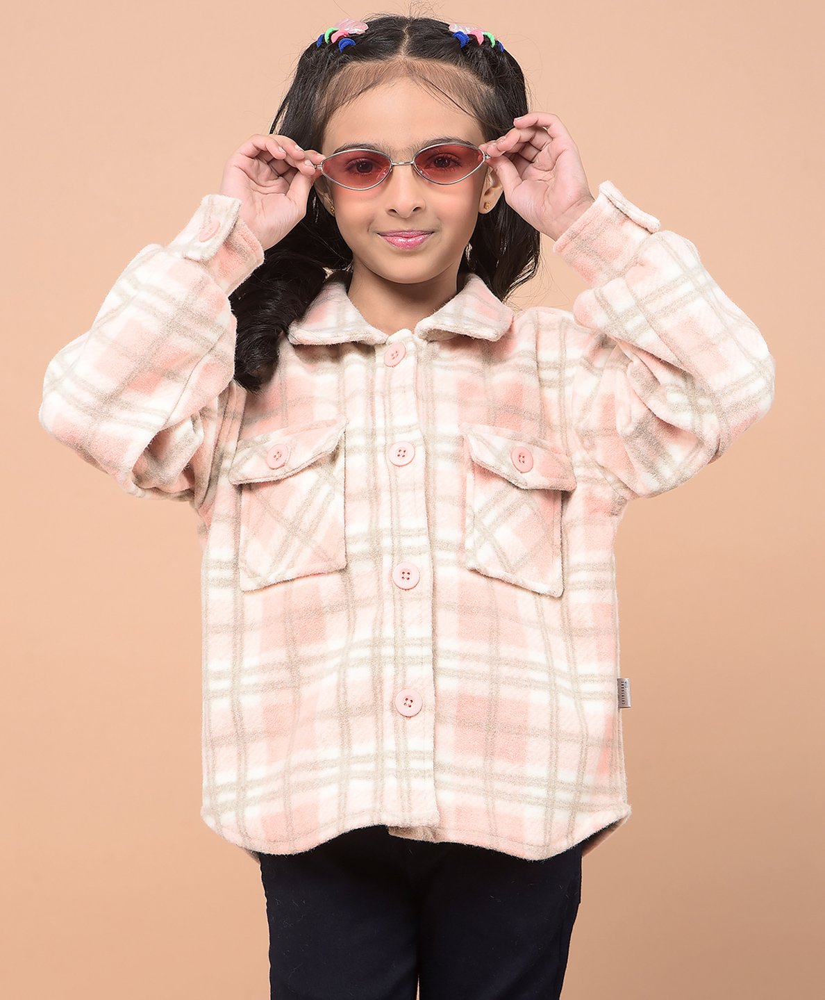 CRIMSOUNE CLUB Full Sleeves Checked Shacket - Peach-picture-14