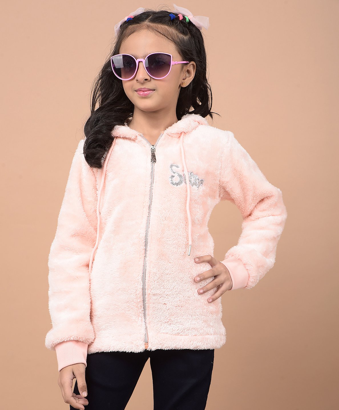 CRIMSOUNE CLUB Full Sleeves Sequins Embellished Hooded Zipper Sweatshirt - Pink-picture-22