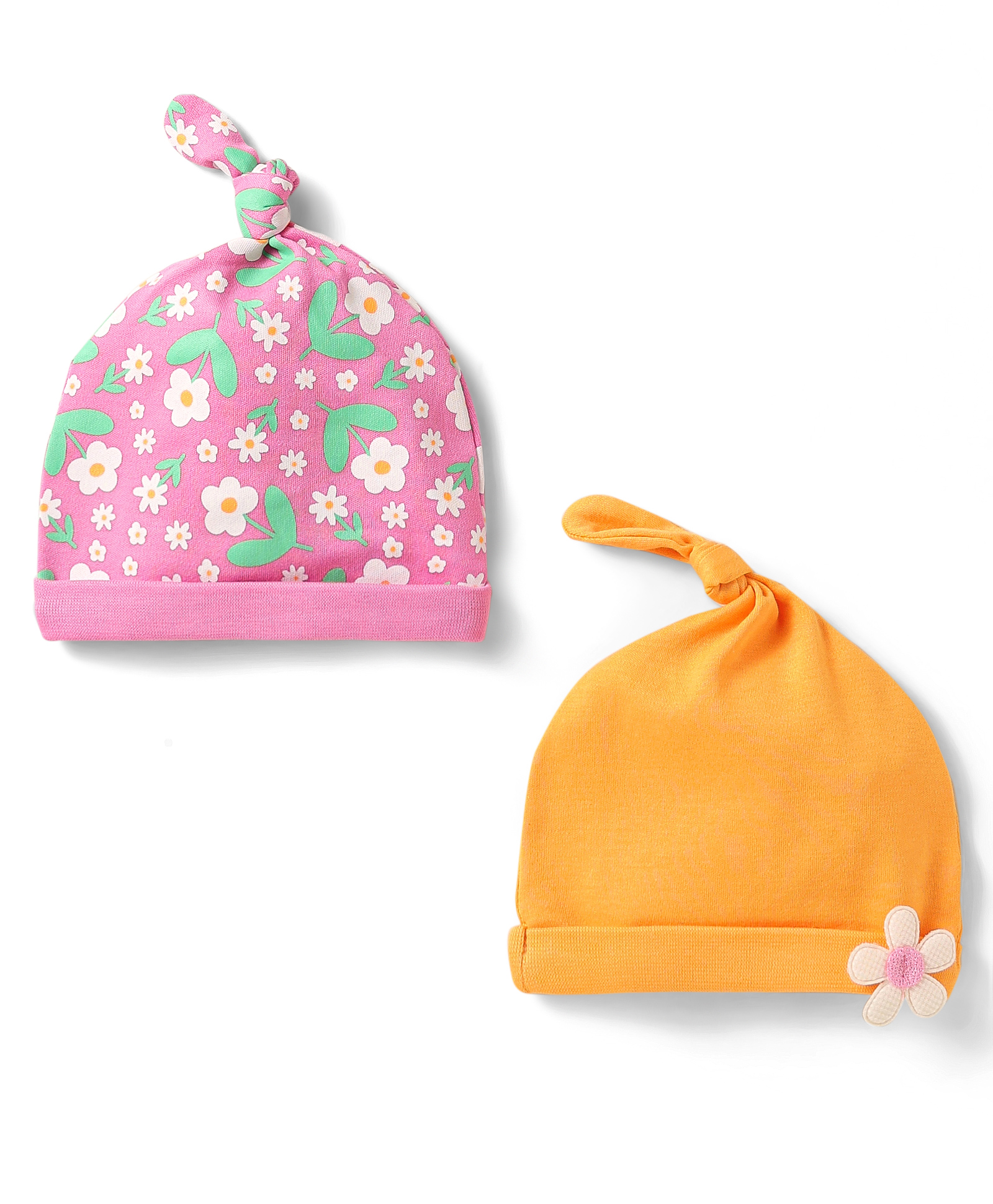 Babyhug 100% Cotton Knit Caps With Floral Print & Applique Pack of 2 - Pink & Orange-picture-15