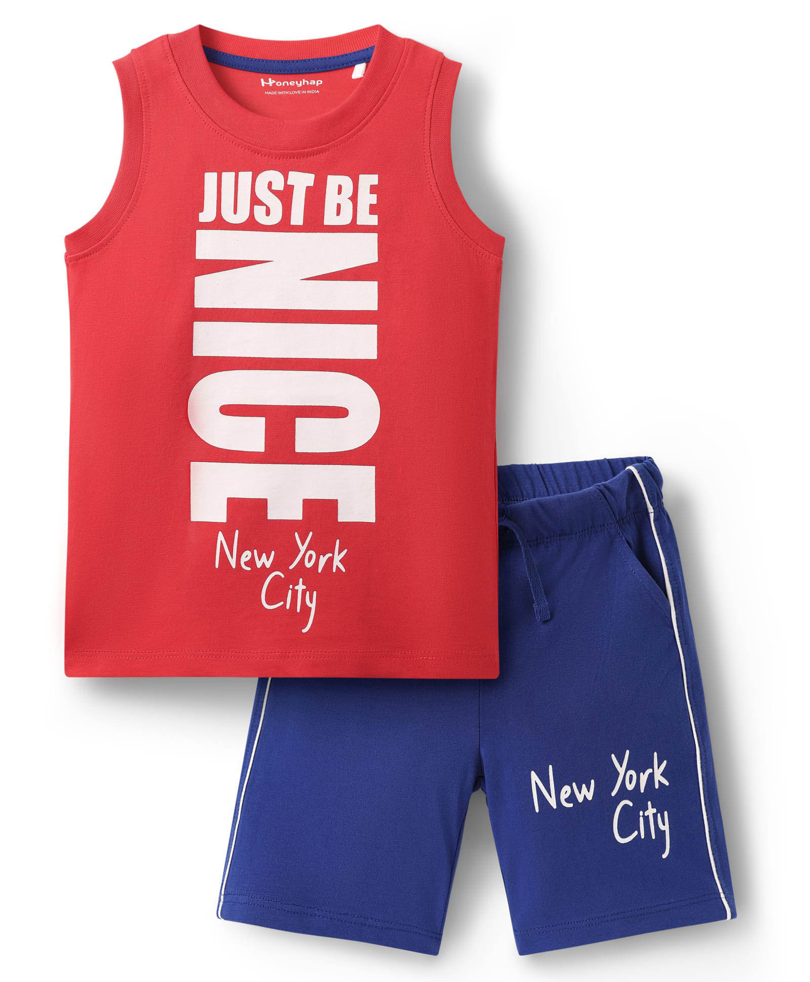 Honeyhap Premium 100& Cotton Knit Sleeveless Shorts Night Suit With Text Print - High Risk Red & Limoges-picture-33