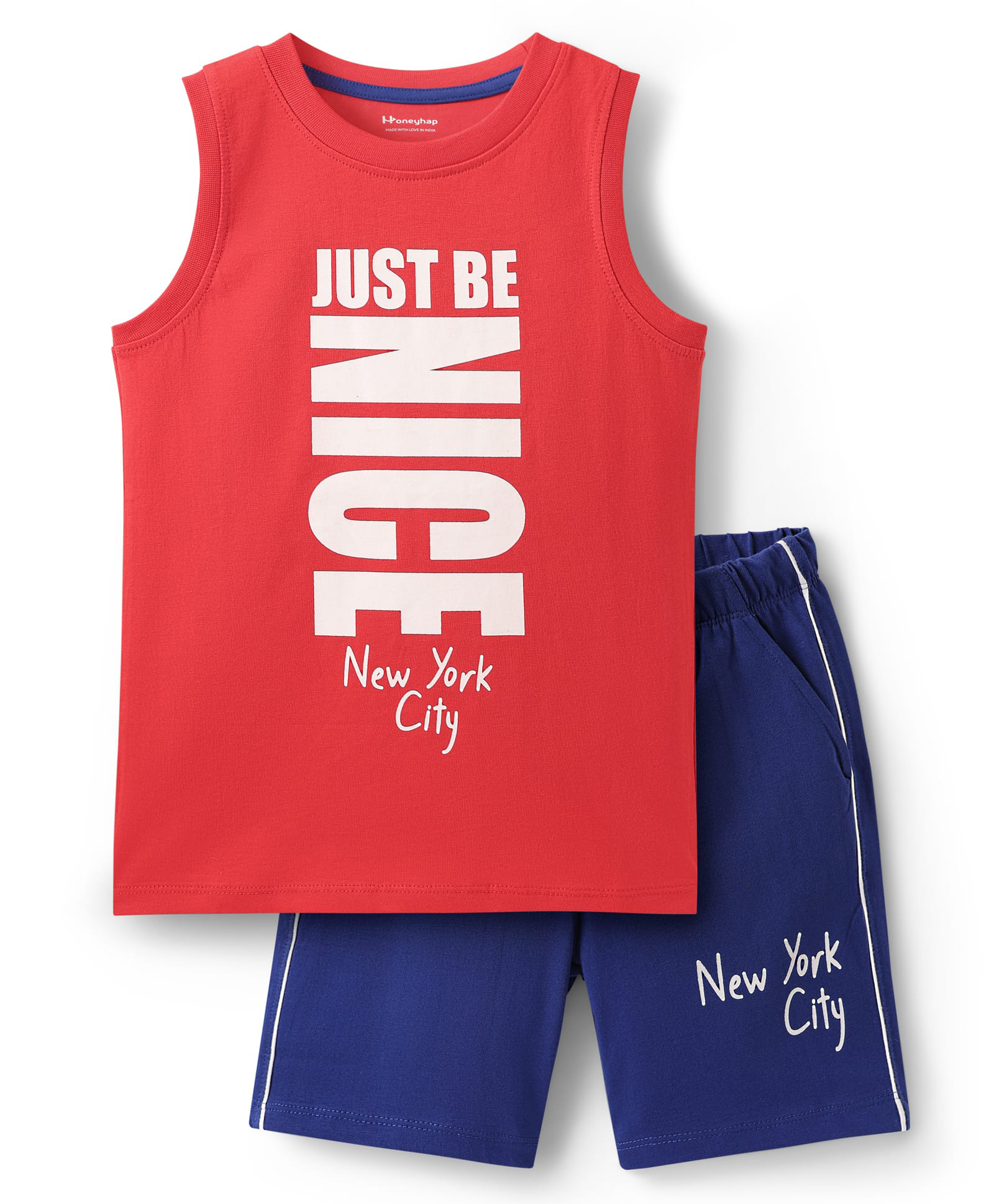 Honeyhap Premium 100& Cotton Knit Sleeveless Shorts Night Suit With Text Print - High Risk Red & Limoges-image-10
