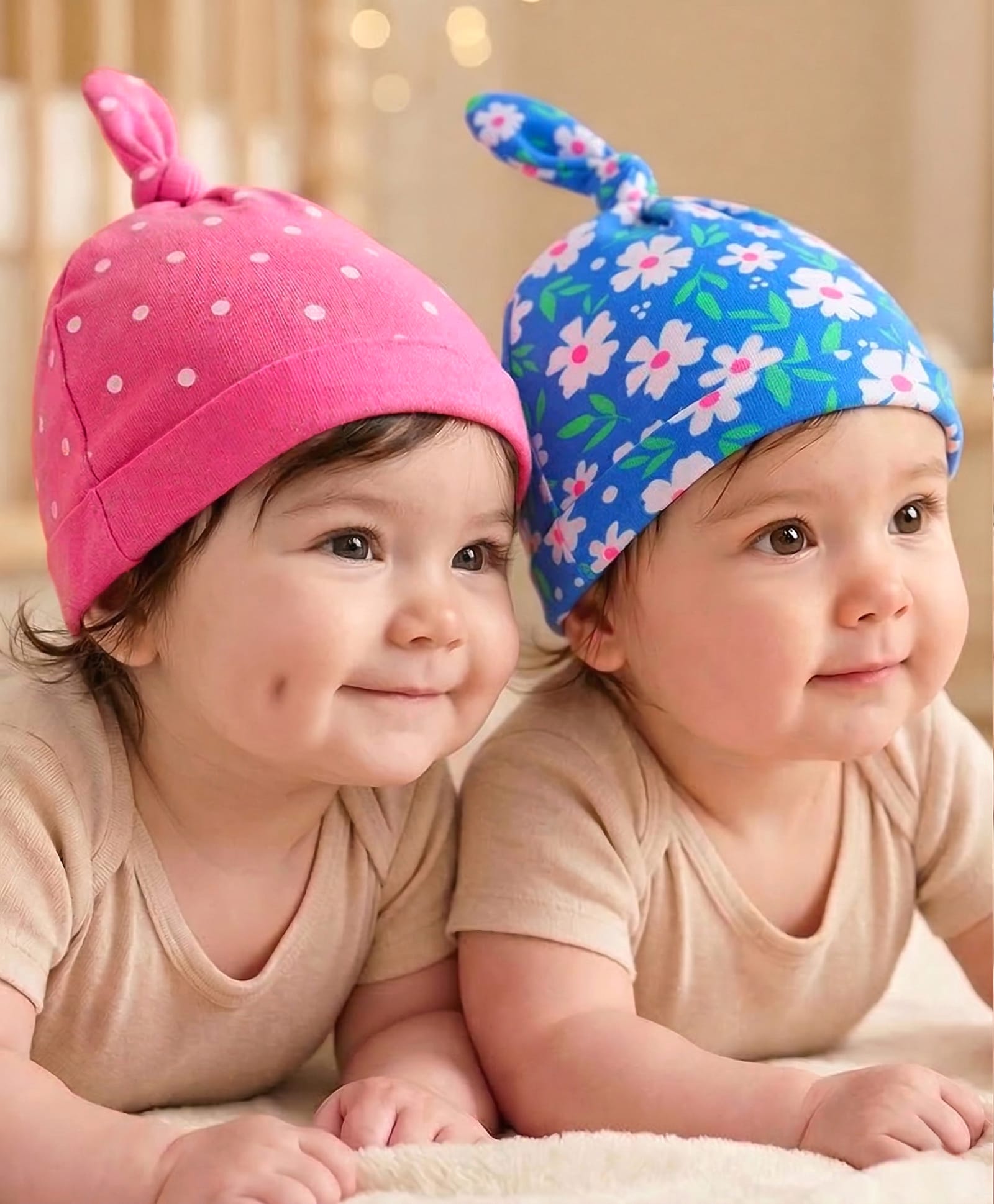 Babyhug Interlock Knit Caps with Floral & Polka Dots Print Pack of 2 - Pink & Blue-picture-18